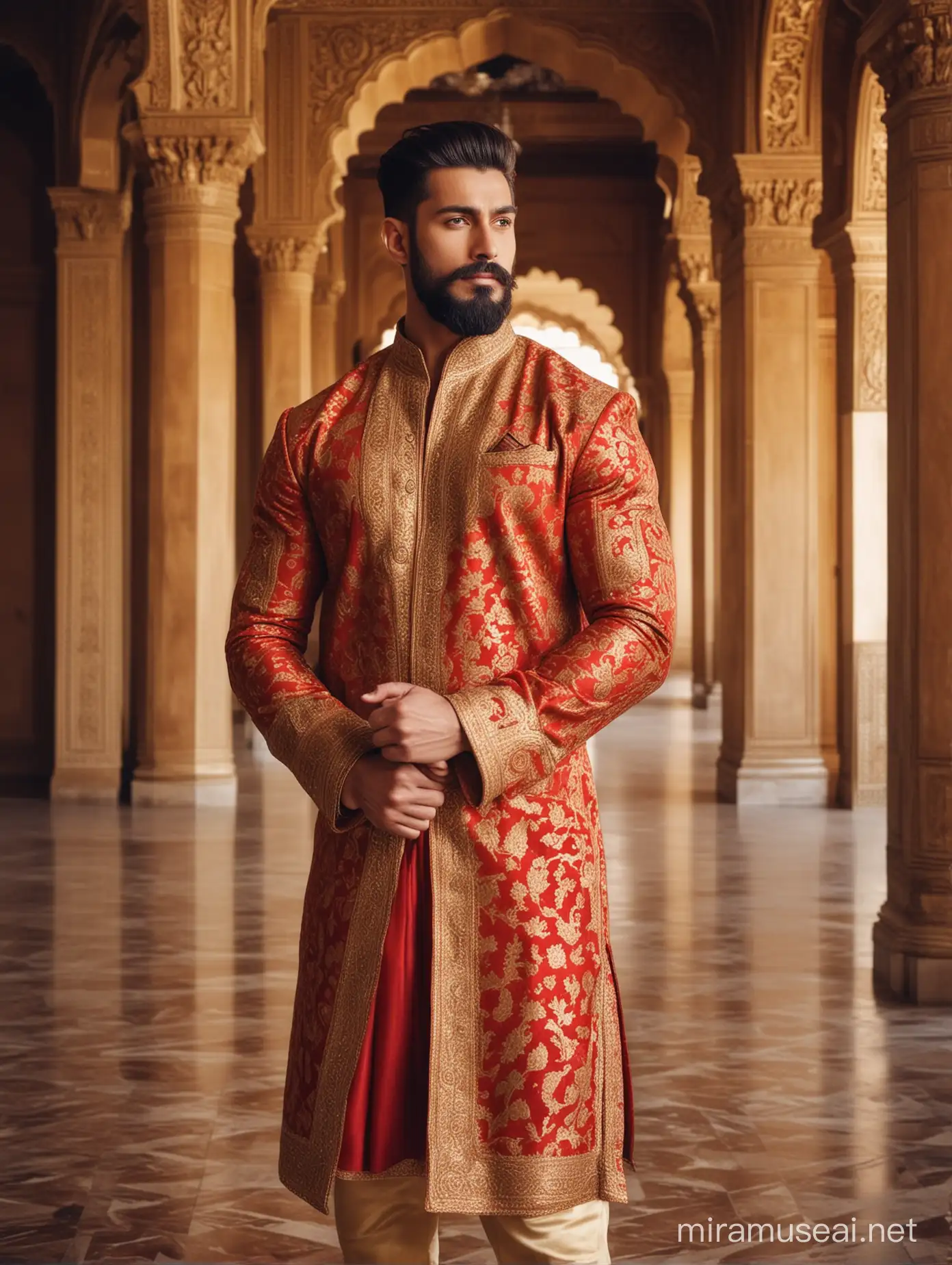 Tall and handsome muscular men with beautiful hairstyle and beard with big wide shoulder and chest in golden and red sherwani standing inside palace and showing his biceps 