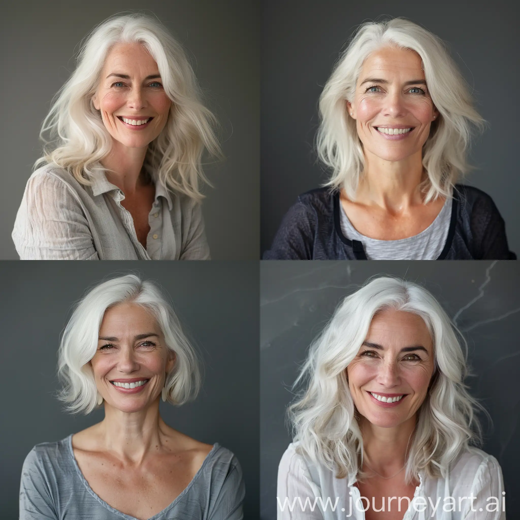 white haired smiling woman; 40 years old, realistic, grey background
