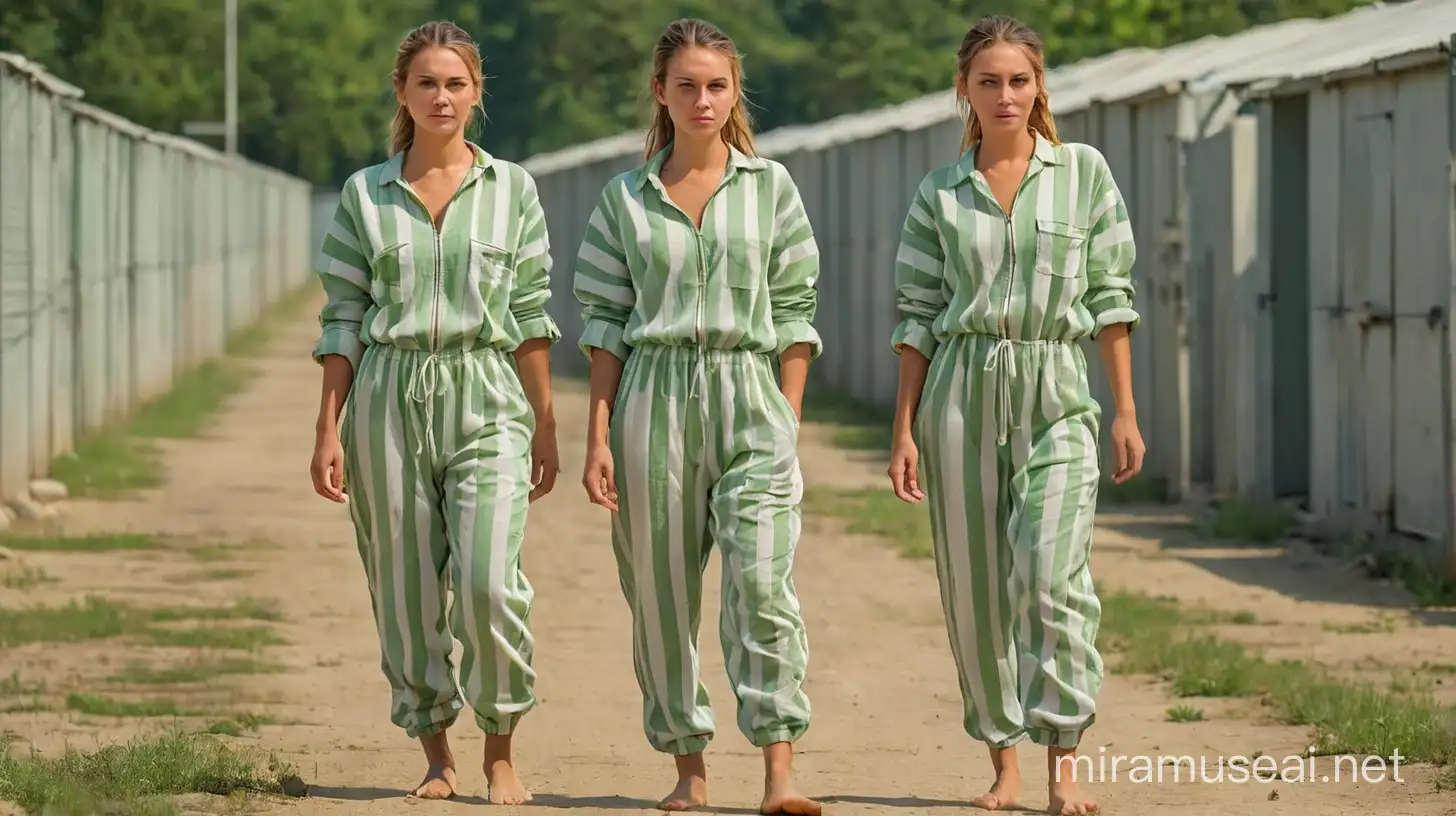 Two female inmates by the inspection on the field in a prison camp. European, barefoot, hair in a ponytail. Wearing only a prison jumpsuit with wide white and pastel green vertical stripes, made of crumpled fabric, with long sleeves, harem style pants and with a very long central zipper, partly opened.