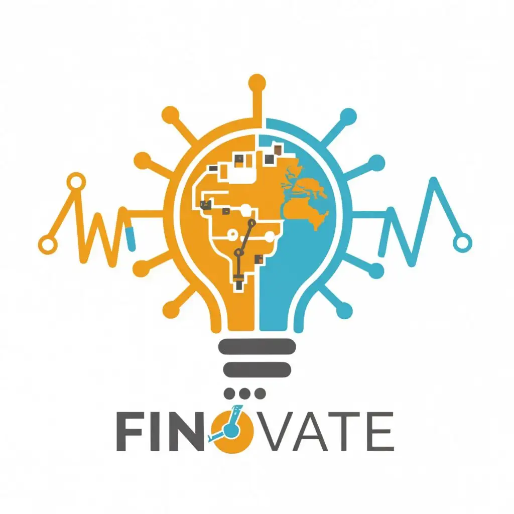 logo, Bulb with the globe in the centre and a circuit behind it along with graphs, with the text "Finnovate", typography, be used in Finance industry