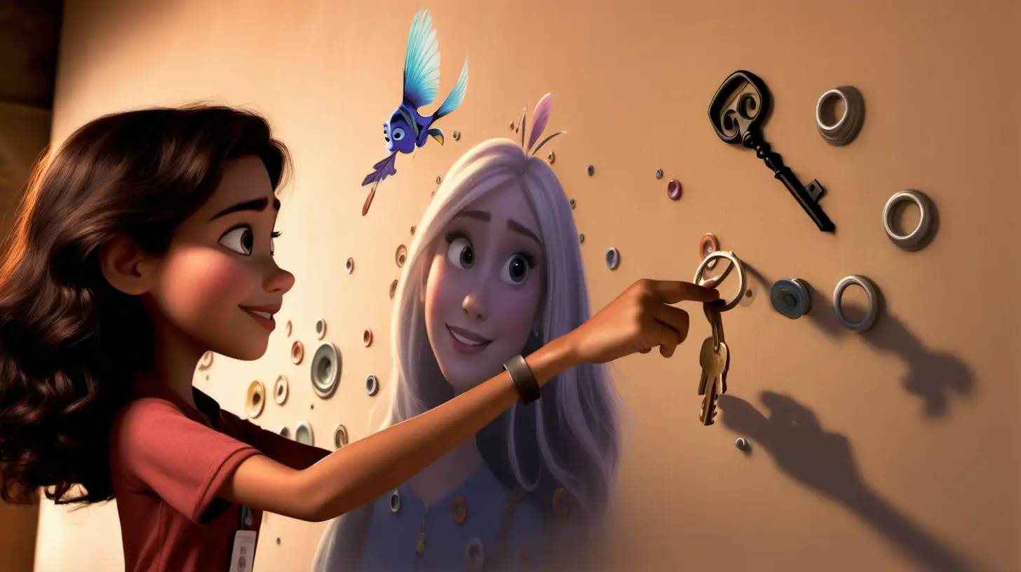 Design an image showing Leila placing small keys near her murals, triggering interactive and animated scenes when touched. Disney Pixar