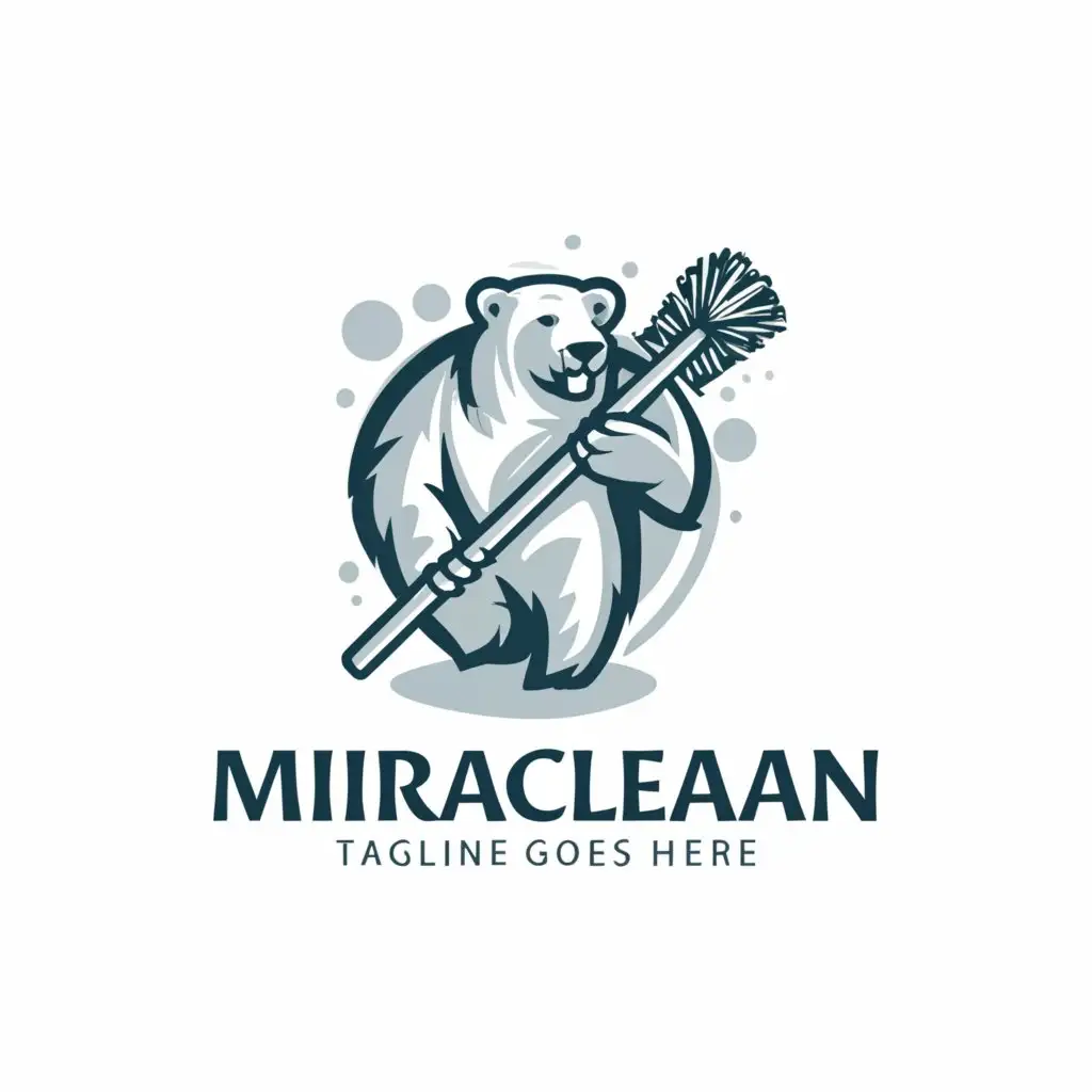 a logo design,with the text MiraClean, main symbol:polar bear with a mop,Moderate, clear background, add cleaning tools