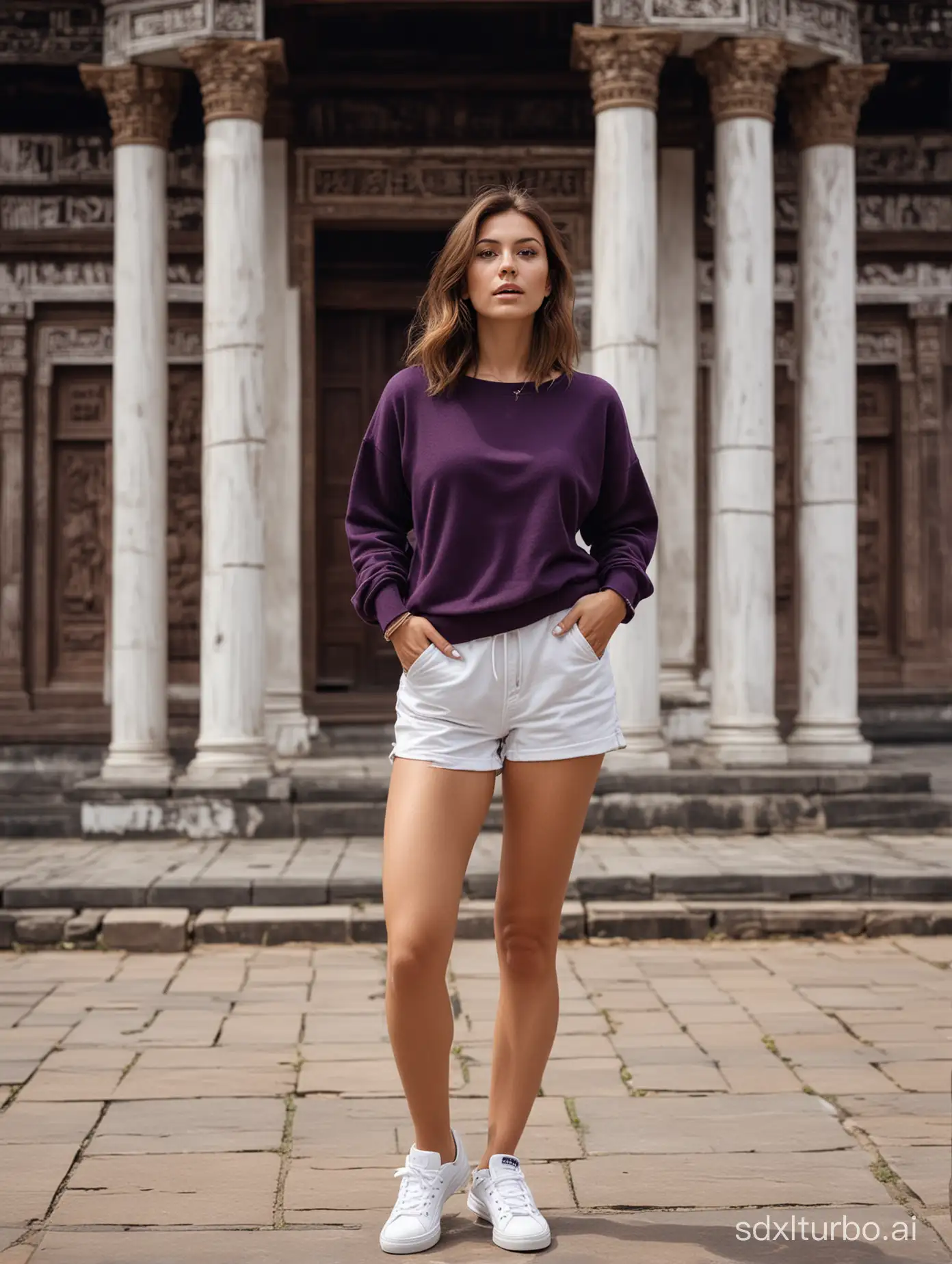 medium brown haired woman, slim body, small breast, wearing a dark purple sweater, wearing white short pants, wearing white sneakers, standing in front of a temple, in an open space, realistic, full body head to toe
