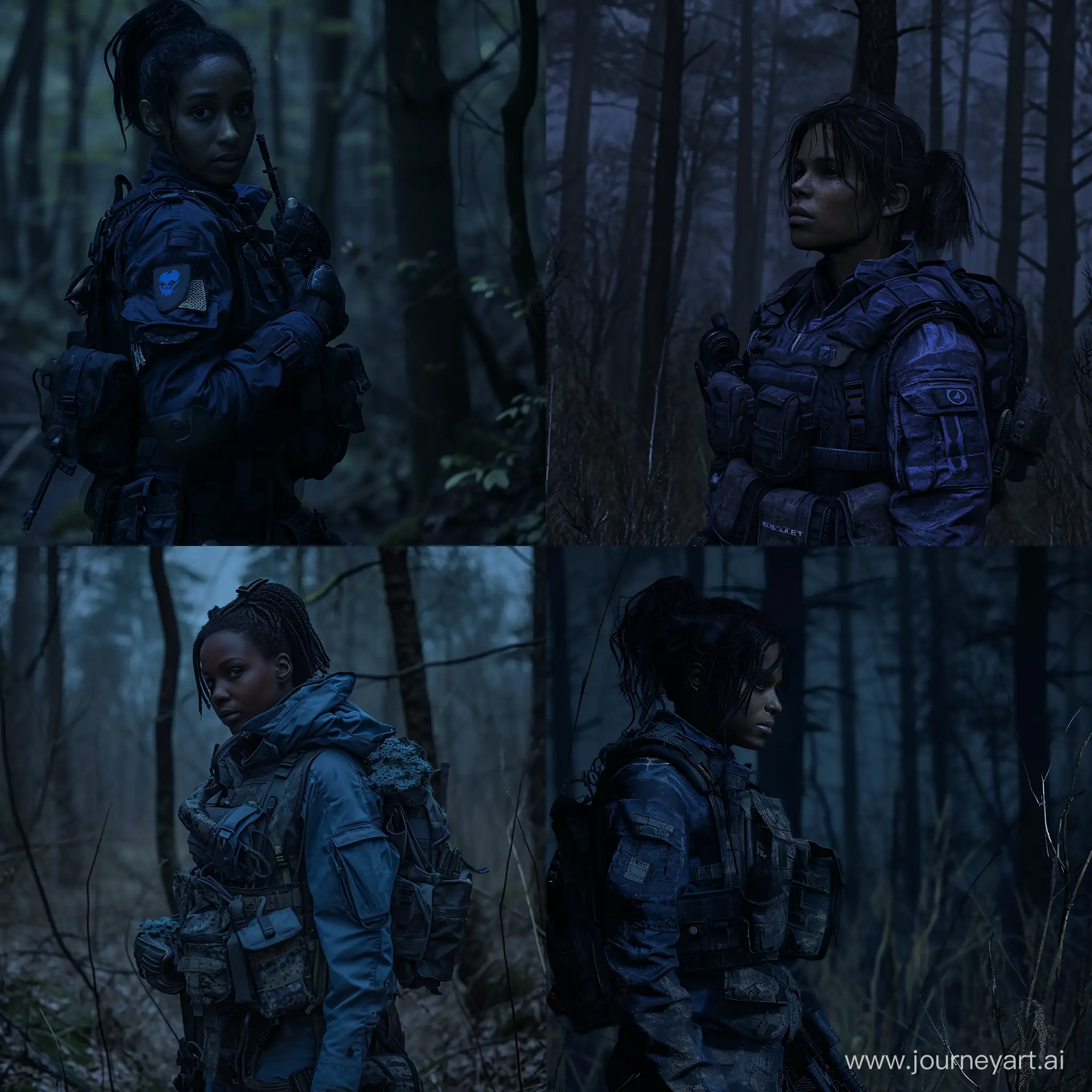 beautiful darkskinned Sheva Alomar in S.T.A.L.K.E.R as mercenary in darkblue tactical equipment dead trees dark forest