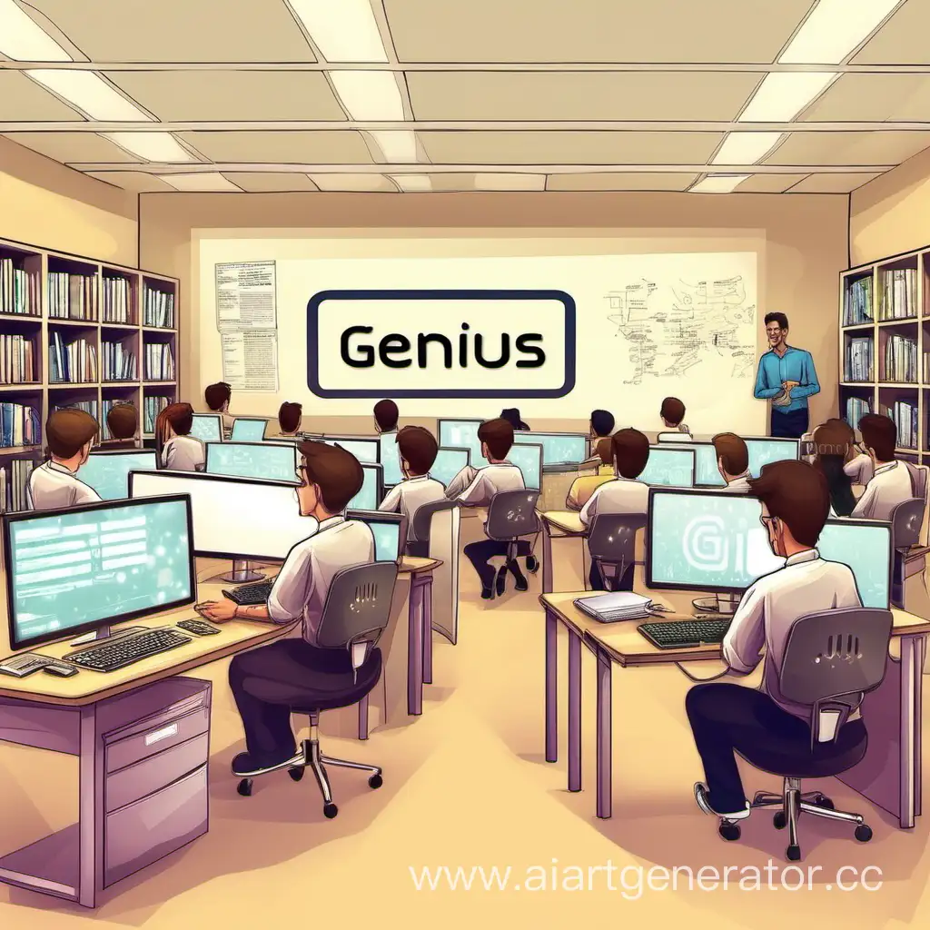 company name is "Genius avenue" working with teaching on students with developers. Createre it developer  with computer room and students
