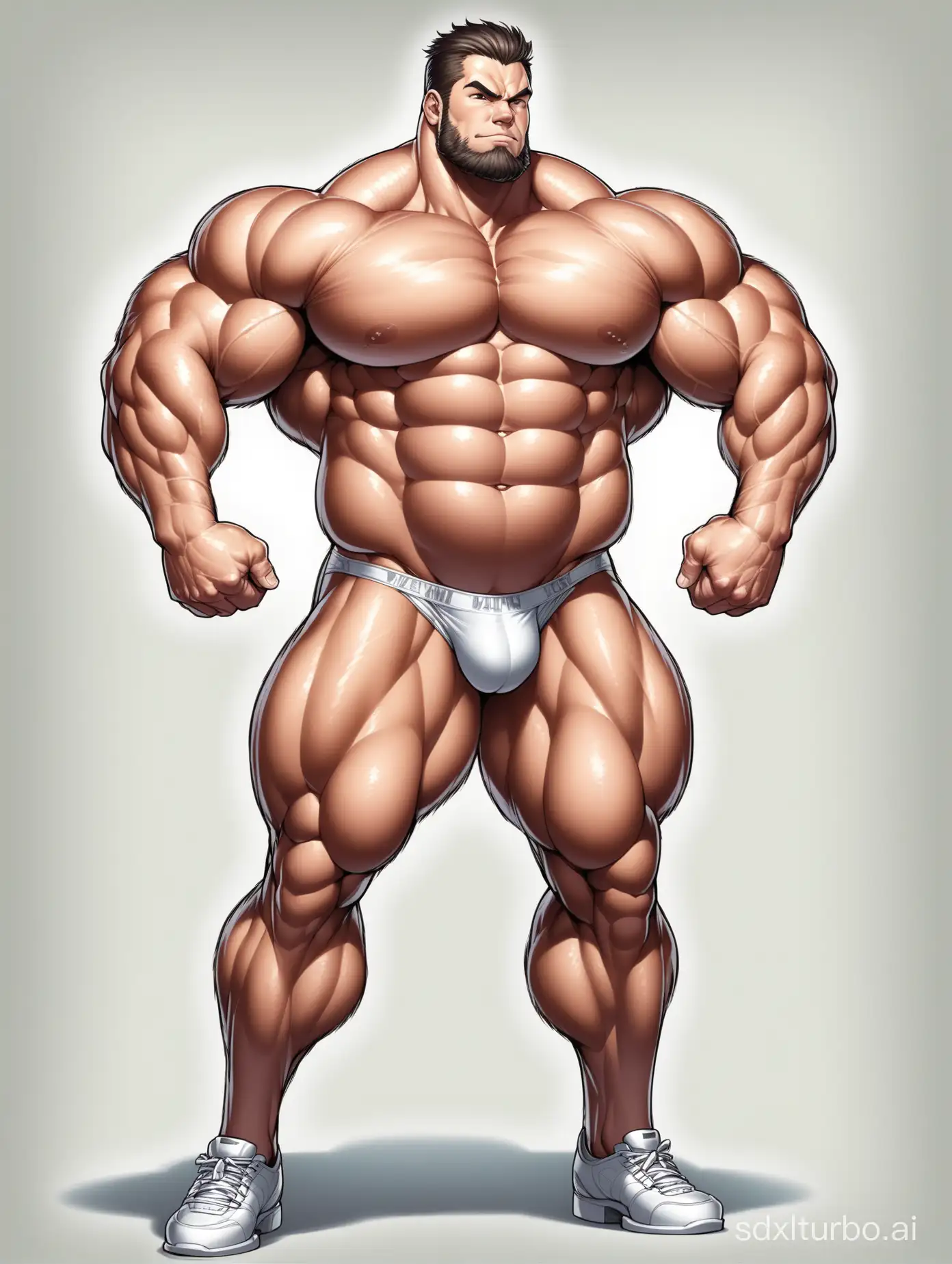 White skin and massive muscle stud, much bodyhair. Huge and giant and Strong body. Very Long and strong legs. 2m tall. very Big Chest. very Big biceps. 8-pack abs. Very Massive muscle Body. Wearing underwear. he is giant tall. very fat. very fat. very fat. Full Body diagram. very long strong legs.very long legs.very long legs. raise his arms to show his huge biceps. wearing white shoes. raise his arms to show his huge biceps.long hair.old man.