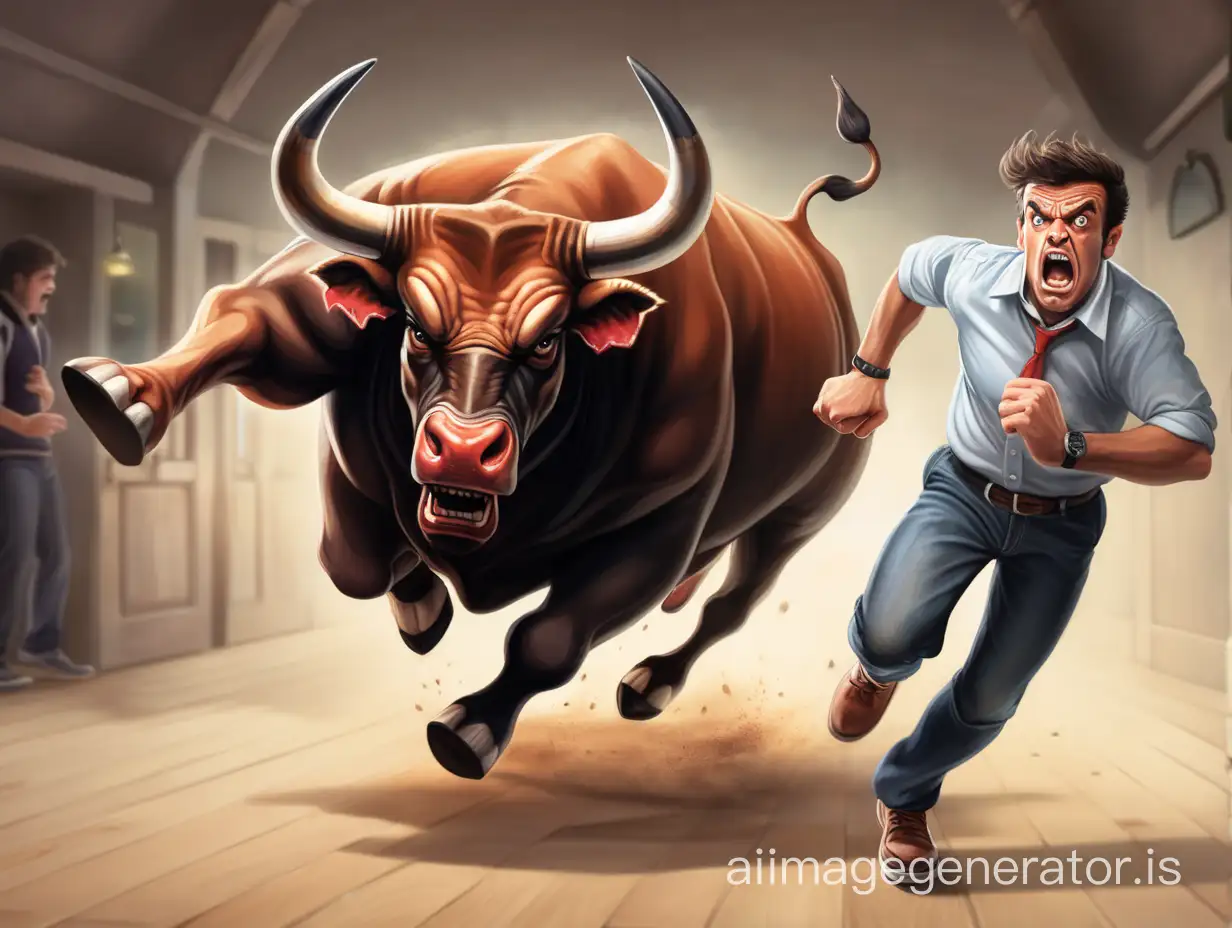 a frightened man is running to you from angry bull