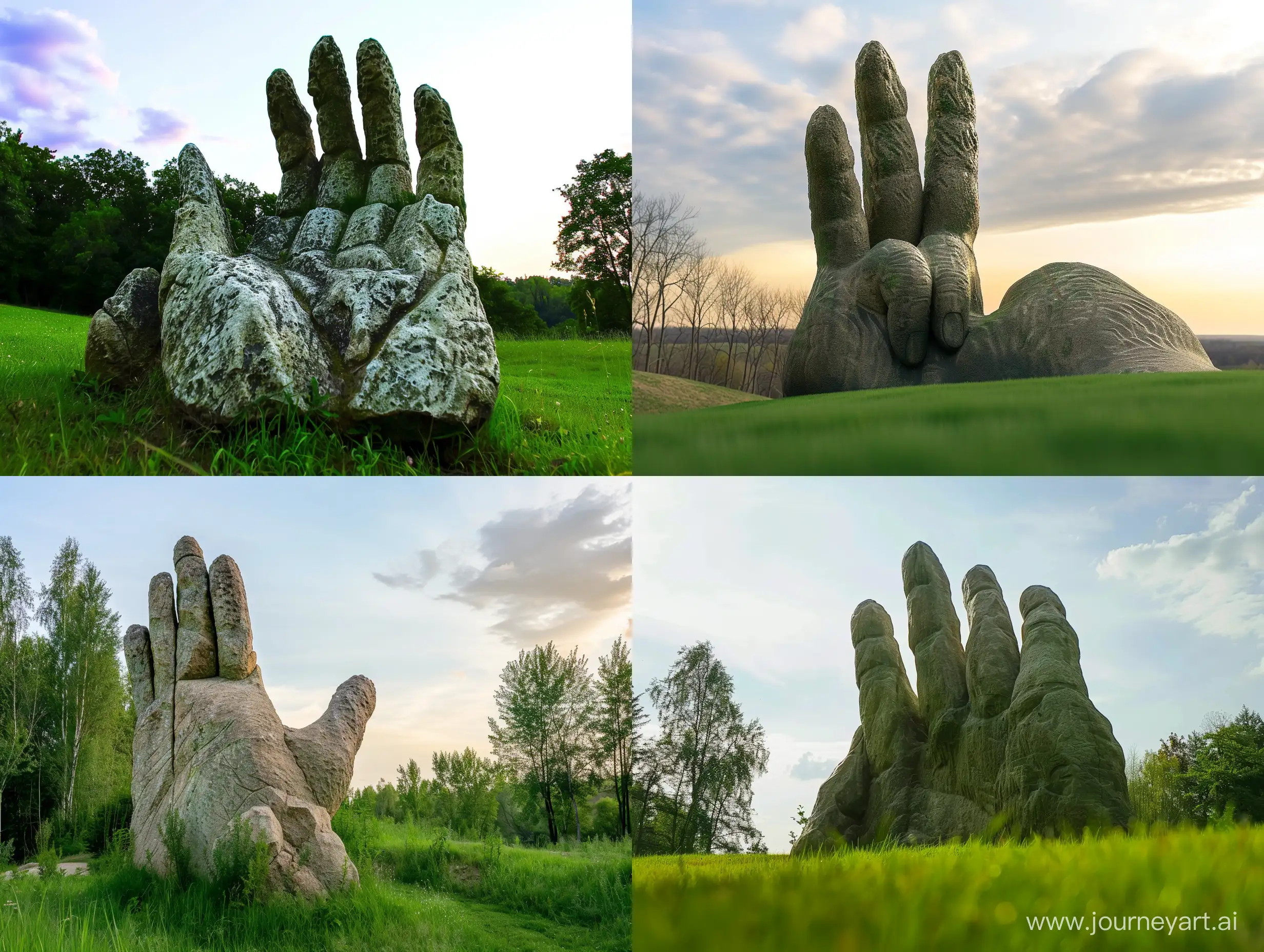 A huge rock hand like a statue only exists in green grass in the daytime, the background is the sky, soft colors, trees and shades --ar 4:3 --s 0 --style raw --v 6 