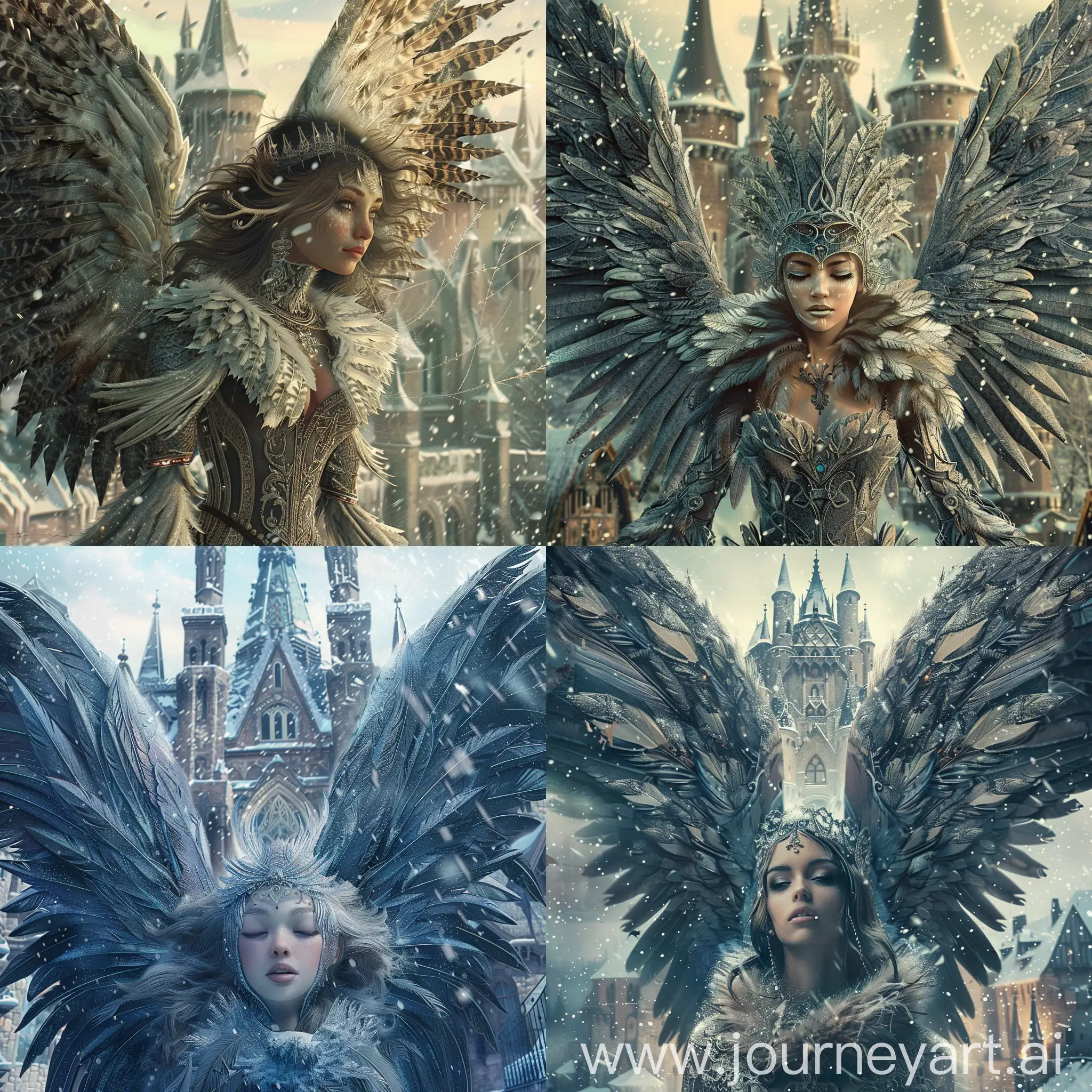 A highly detailed image of a medieval angel with large feathered wings and a beautiful face. She is standing Infront of an enchanted castle. It is snowing. Beautiful magical mysterious fantasy surreal highly detailed