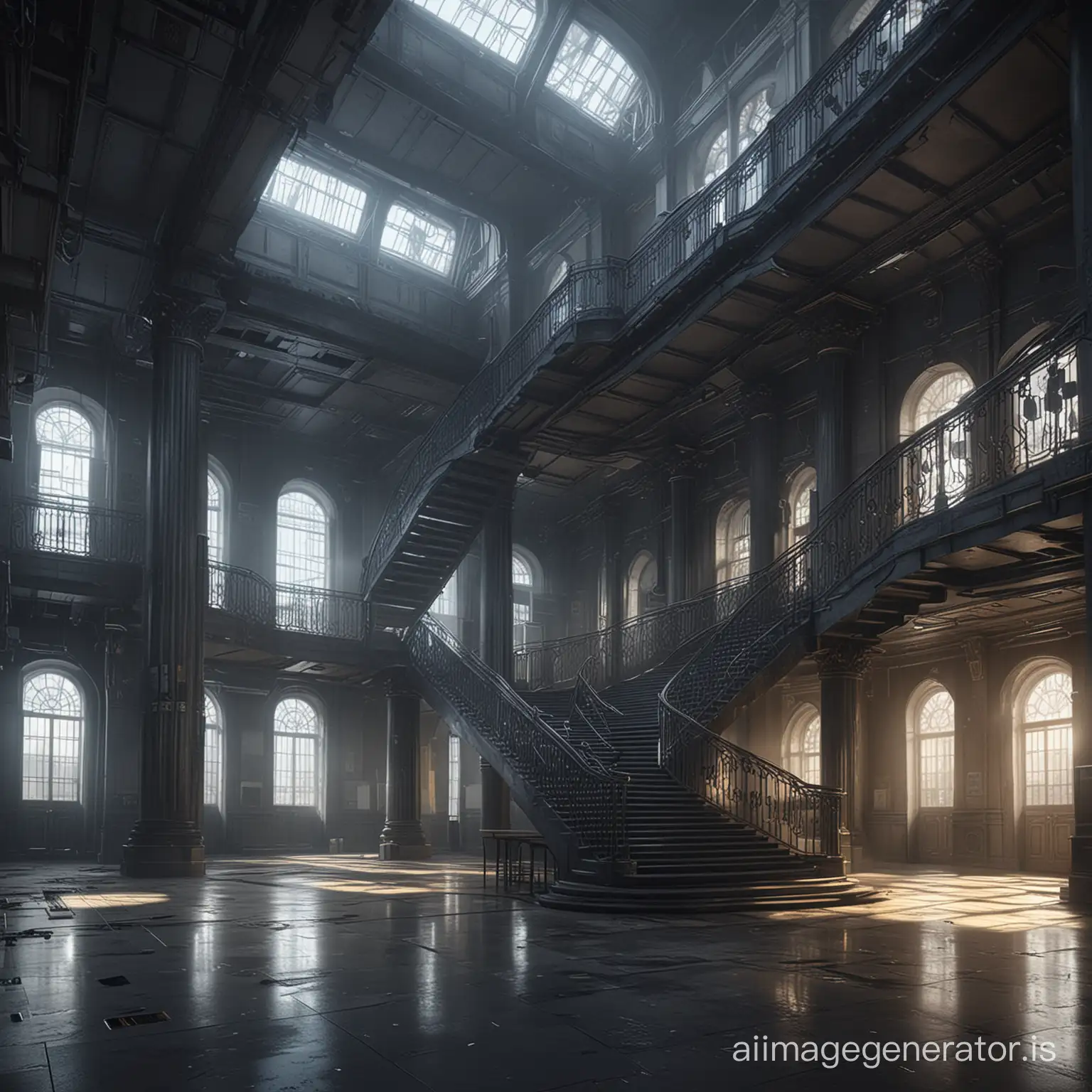 /imagine prompt: Inside of future, high-technology school with two separate stairs in 2100 year in Saint-Petersburg, with columns::3 concept art::2.4 cyberpunk::3.7 photorealistic::3 technological::3.8 