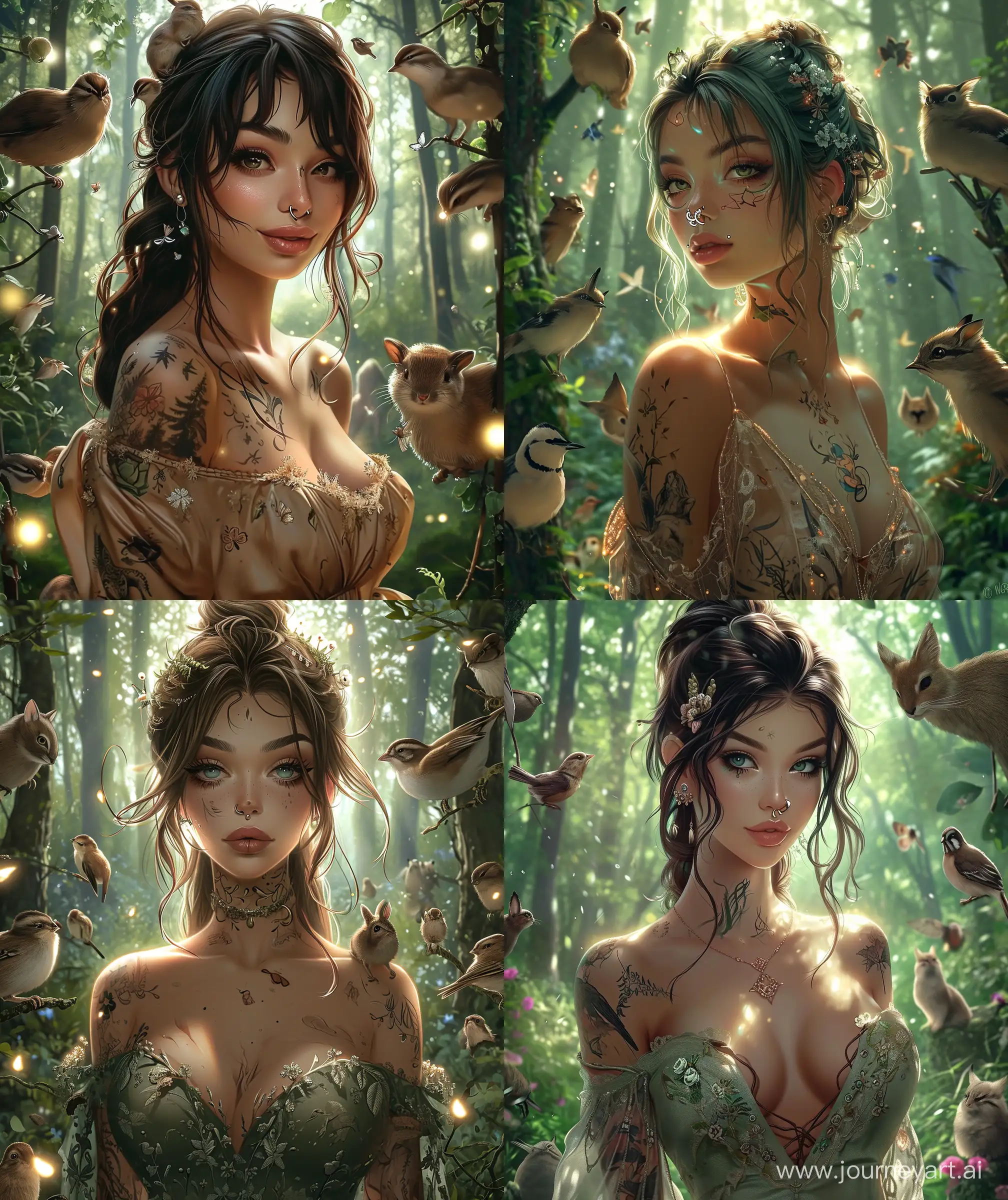 A beautiful anime woman, wearing  beautiful frock, beautiful stylish hairstyle, forest background, many small animals and bird surrounding, lumination lighting, glossy body, tattoo body, nose pin, cute and mysterious look, --ar 27:32 --v 6