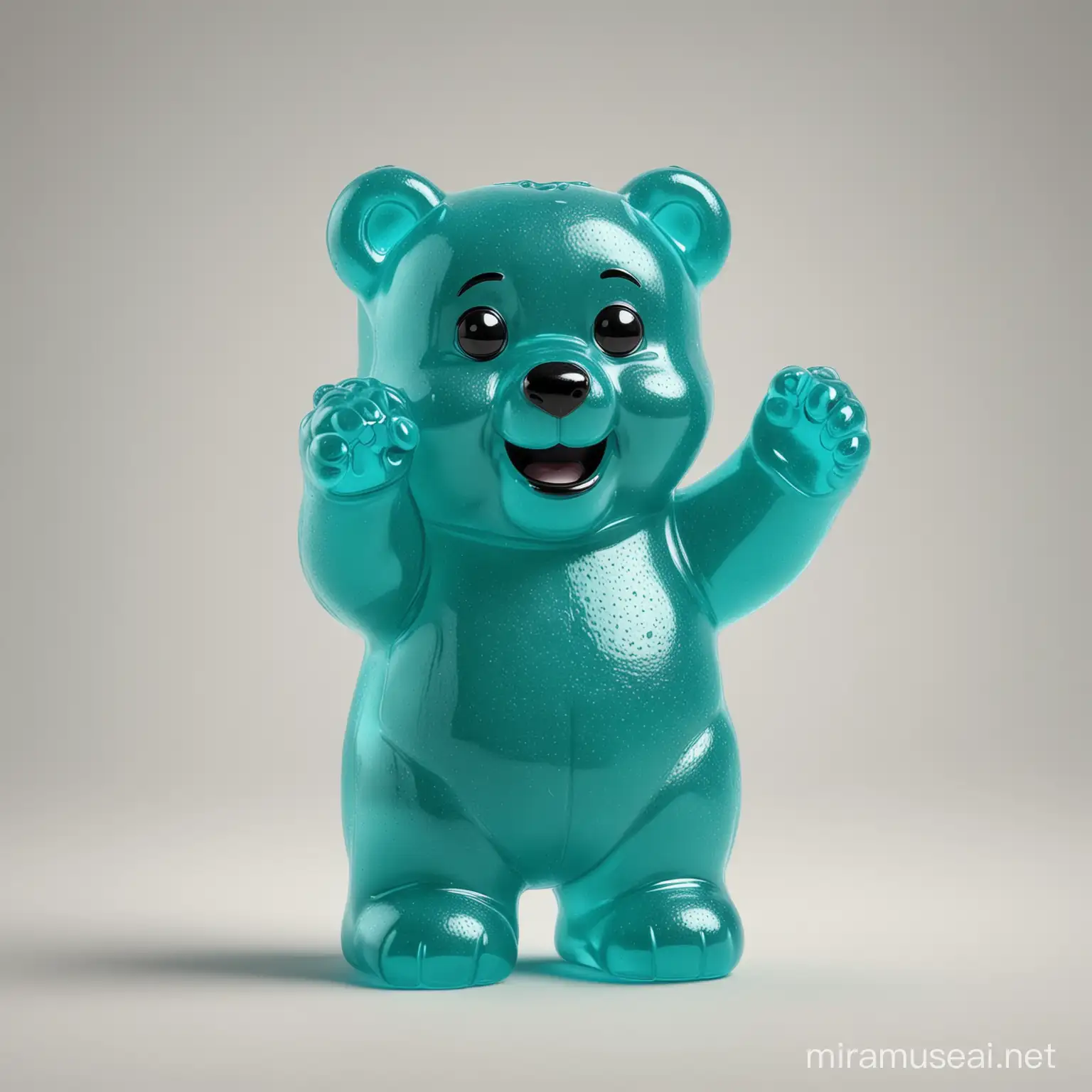 4k Funny turquoise talking gummy bear meme with a neutral background