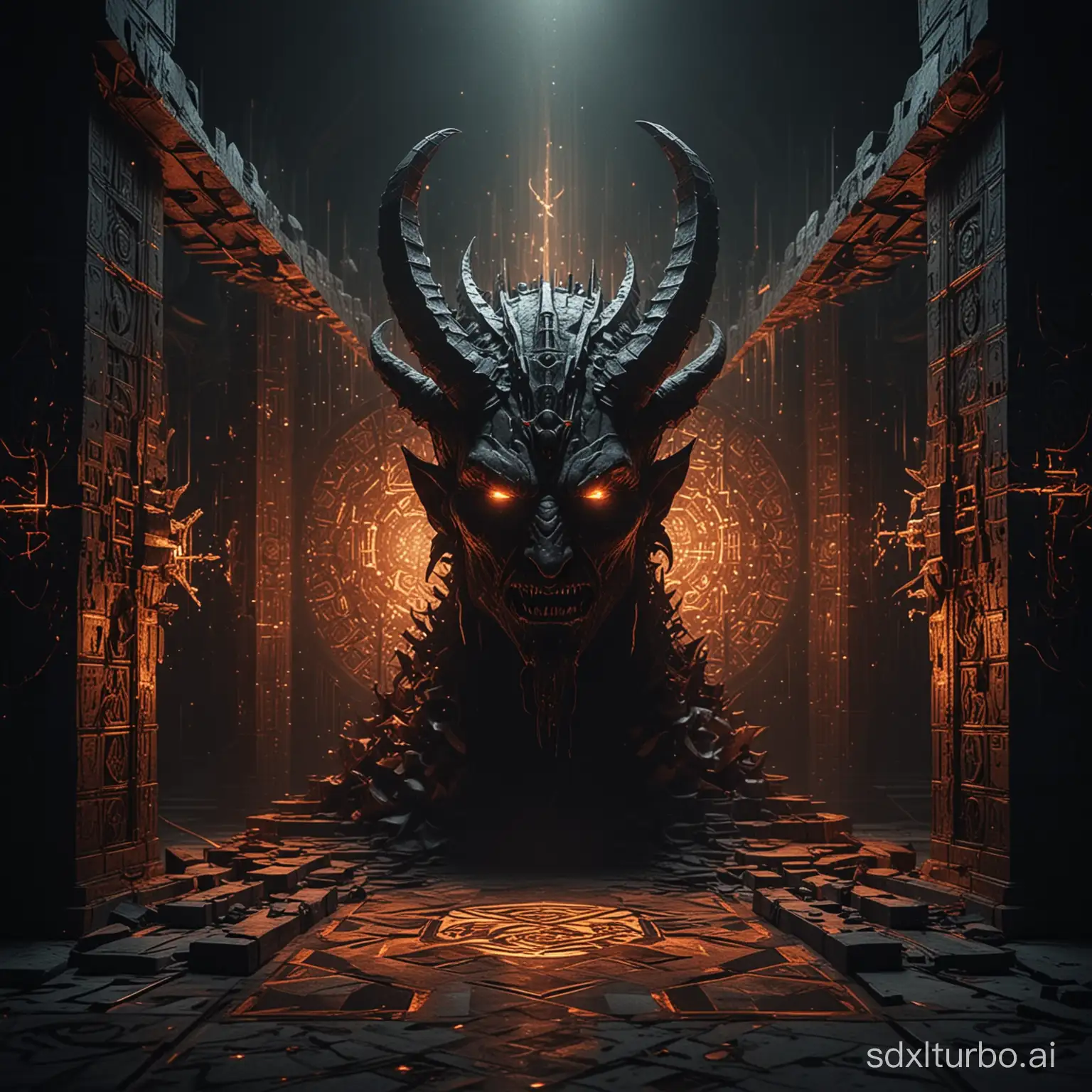 The master of holy and evil demons, abstract geometric patterns, technological elements, classical style, cinematic feel, strong lights and shadows, conceptual design