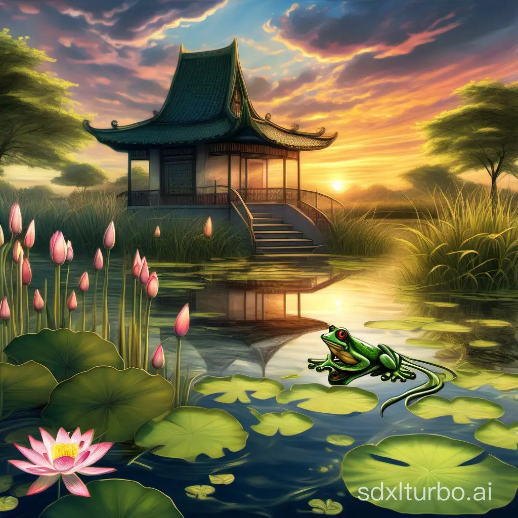 July, a lotus flower under which a frog hides, a pond with a small pavilion nearby, a frog emerging from the water, long grass and a tree nearby, a beautiful cloudy sky with a strong sunset, a path leading to the pond, an intricately detailed scene full of fantasy, anime-style artwork, created using oil paint and a realistically detailed brush by Greg Rutkowski.