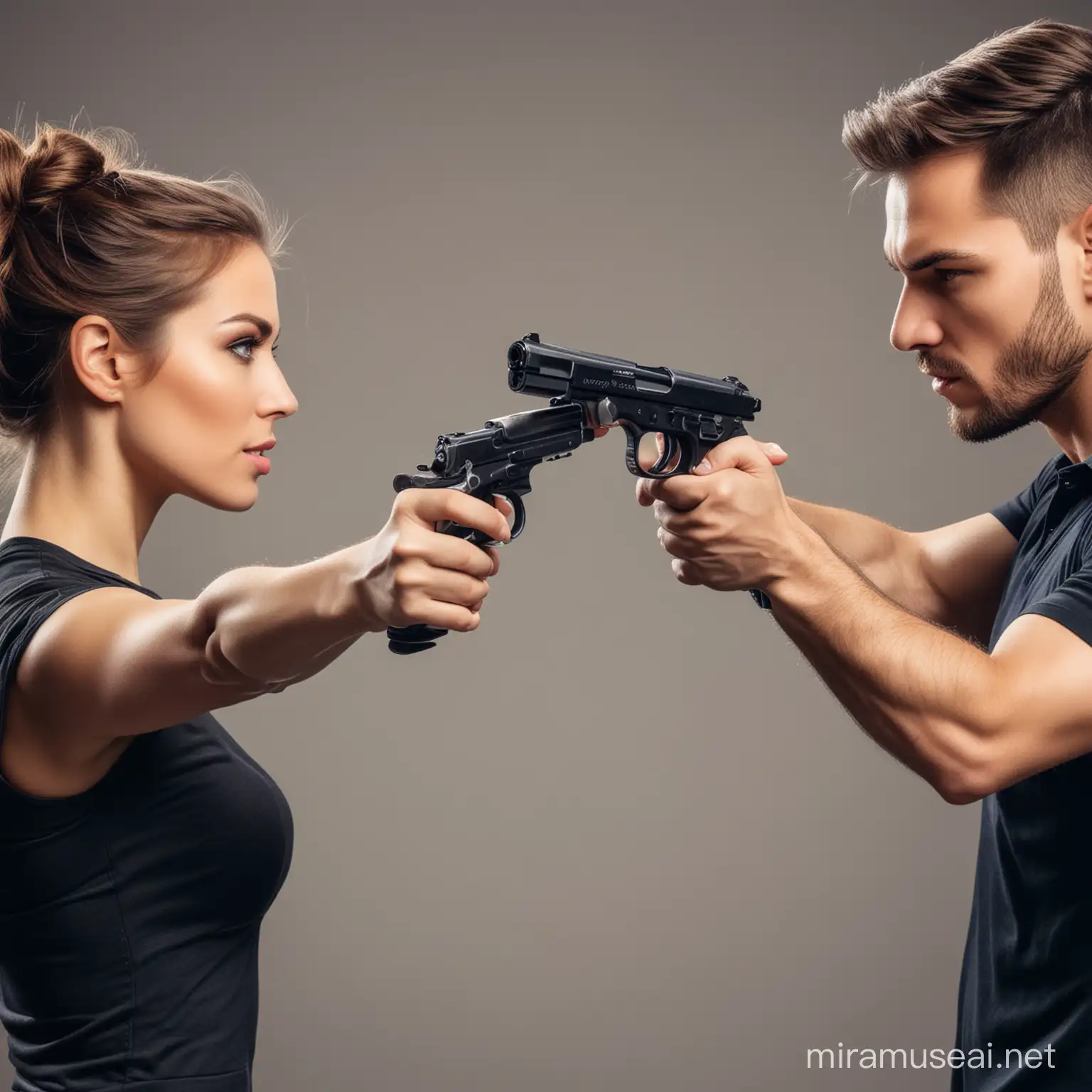 beautiful woman and man mutually aiming at each other with guns.