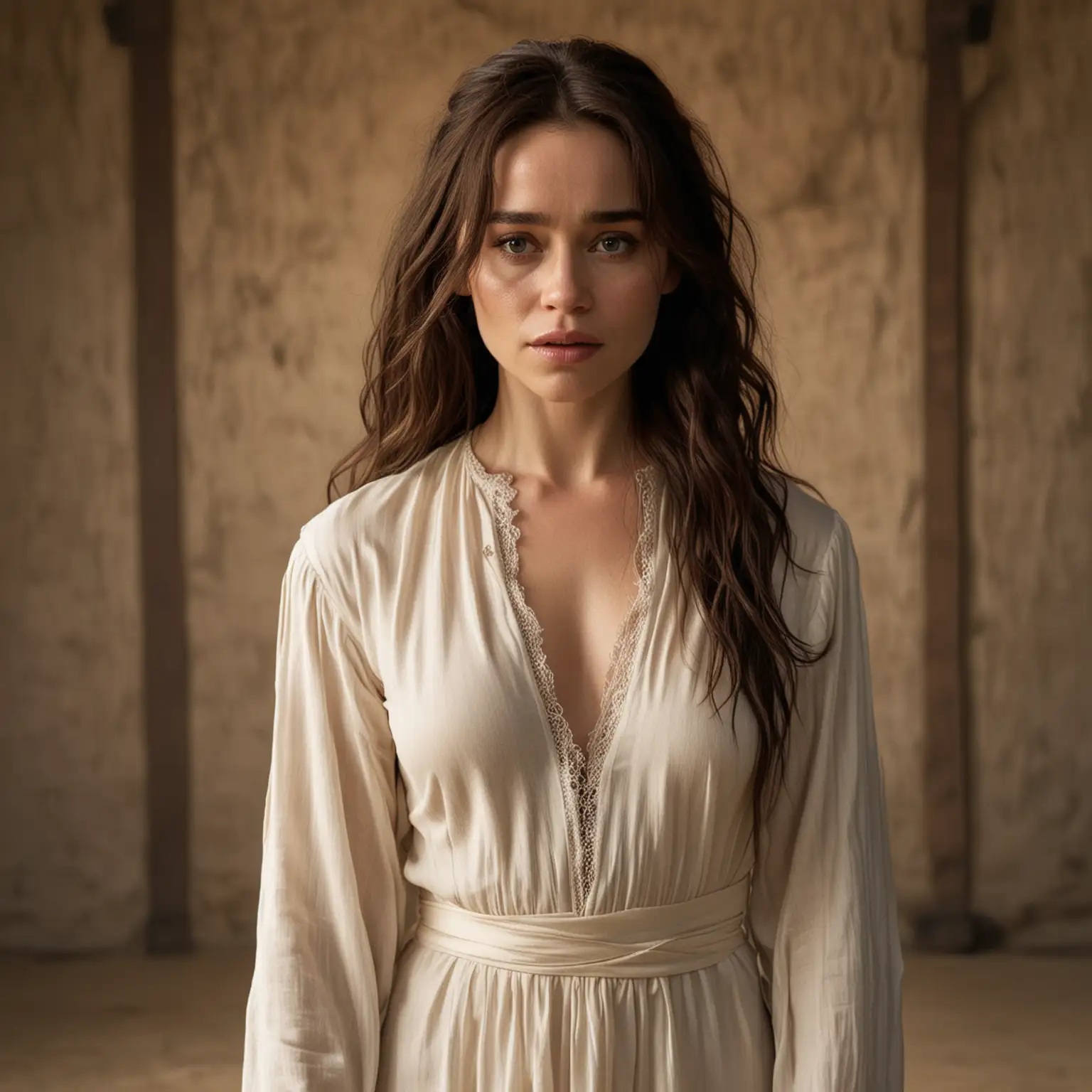 Emilia Clarke in Ivory Silk Womens Shirt Submissive Despair
