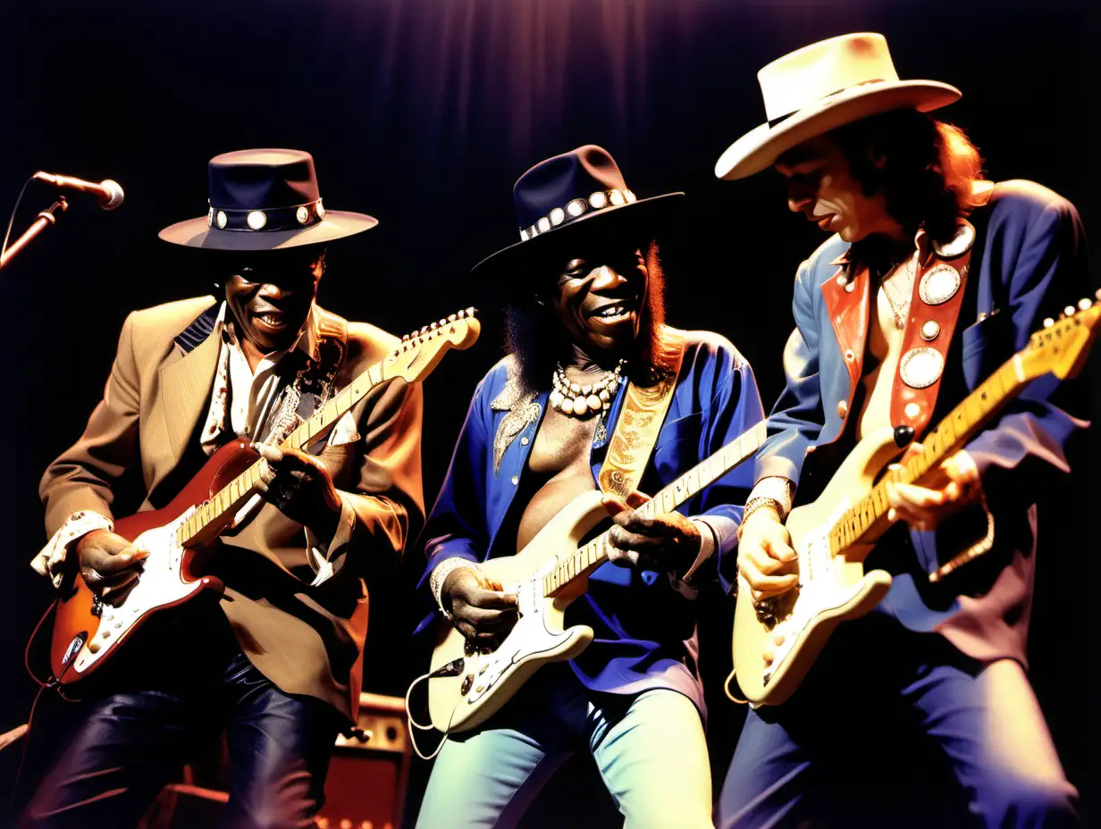 Buddy Guy and Stevie Ray Vaughan playing guitar in Fillmore West in the style of Frank Frazetta