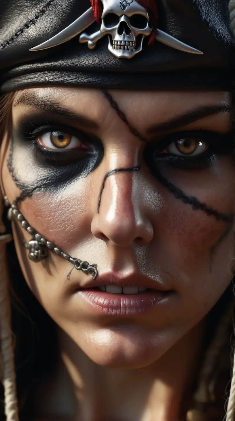 HyperRealistic Pirate Woman Portrait with Dark Eyes and Skull Symbol