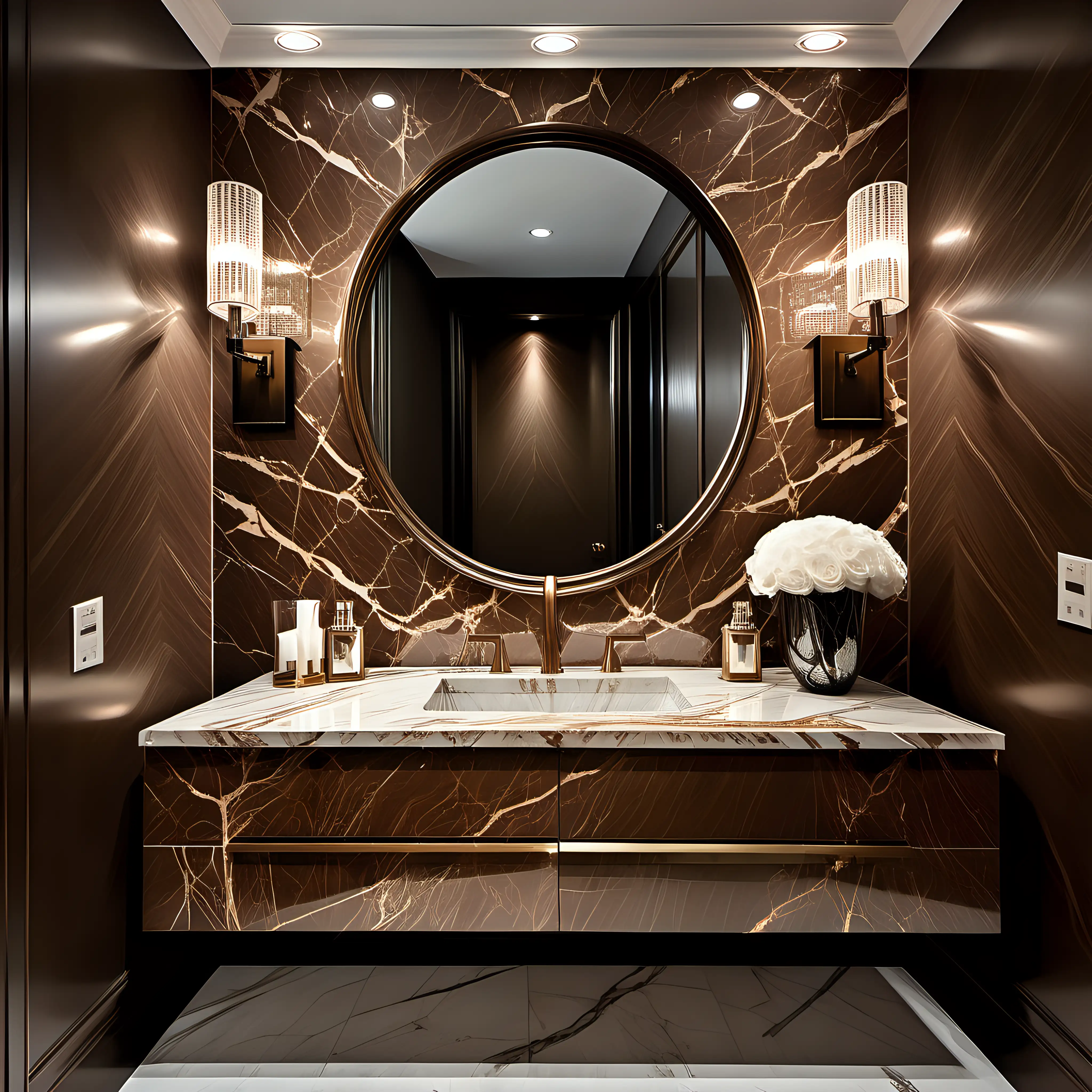Luxury brightmoderm small luxury Guest bathroom,with wallpaper wall  & with small crystal wall lights either side of the mirror, bronze hardware. Brown marble vanity.