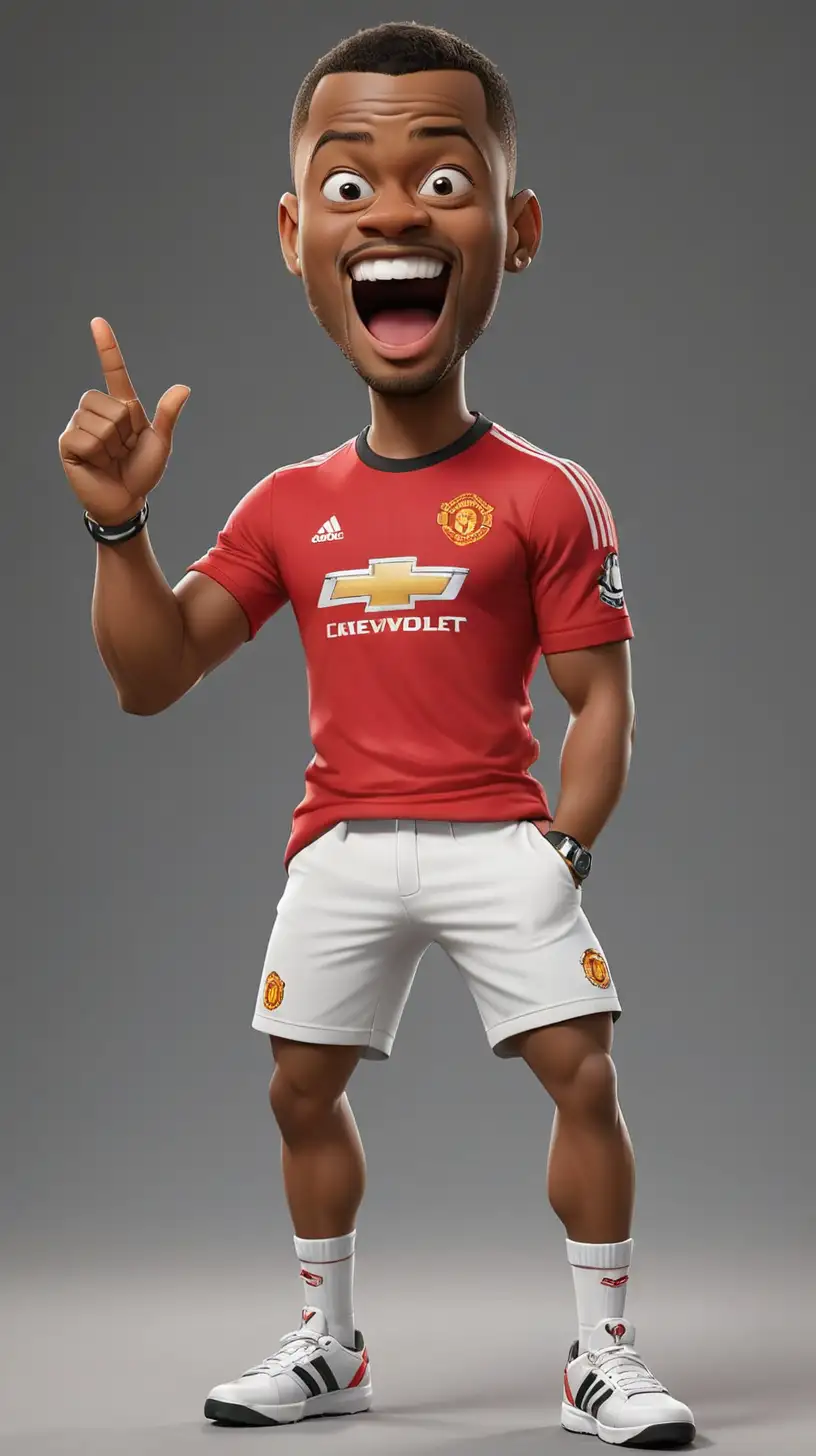 Draw the image of Patrice Evra IN Manchester UTD T-SHIRT , One hand pointed, one hand covered his mouth and smiled

, 3d cartoon,wearing shoes,