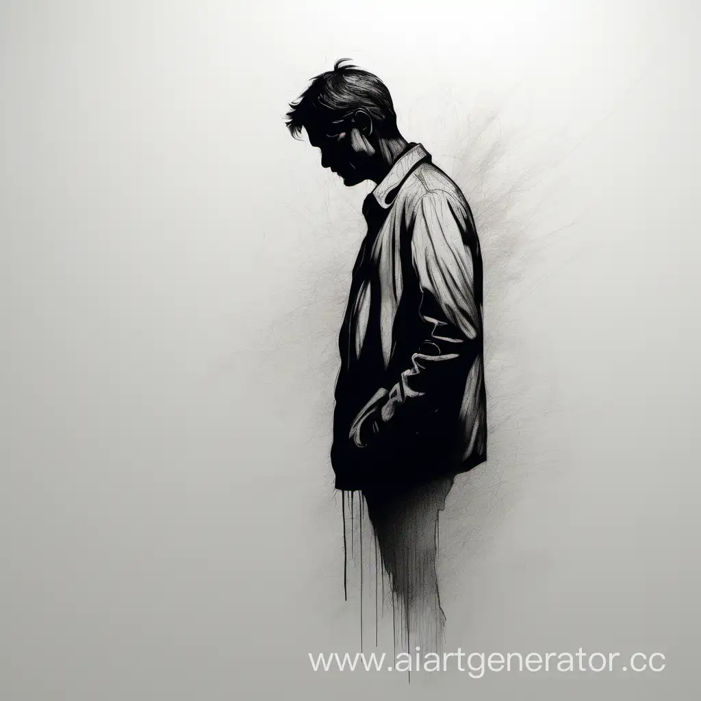Депрессия, грусть,  рисунок мужского силуэта, белый сероватый фон