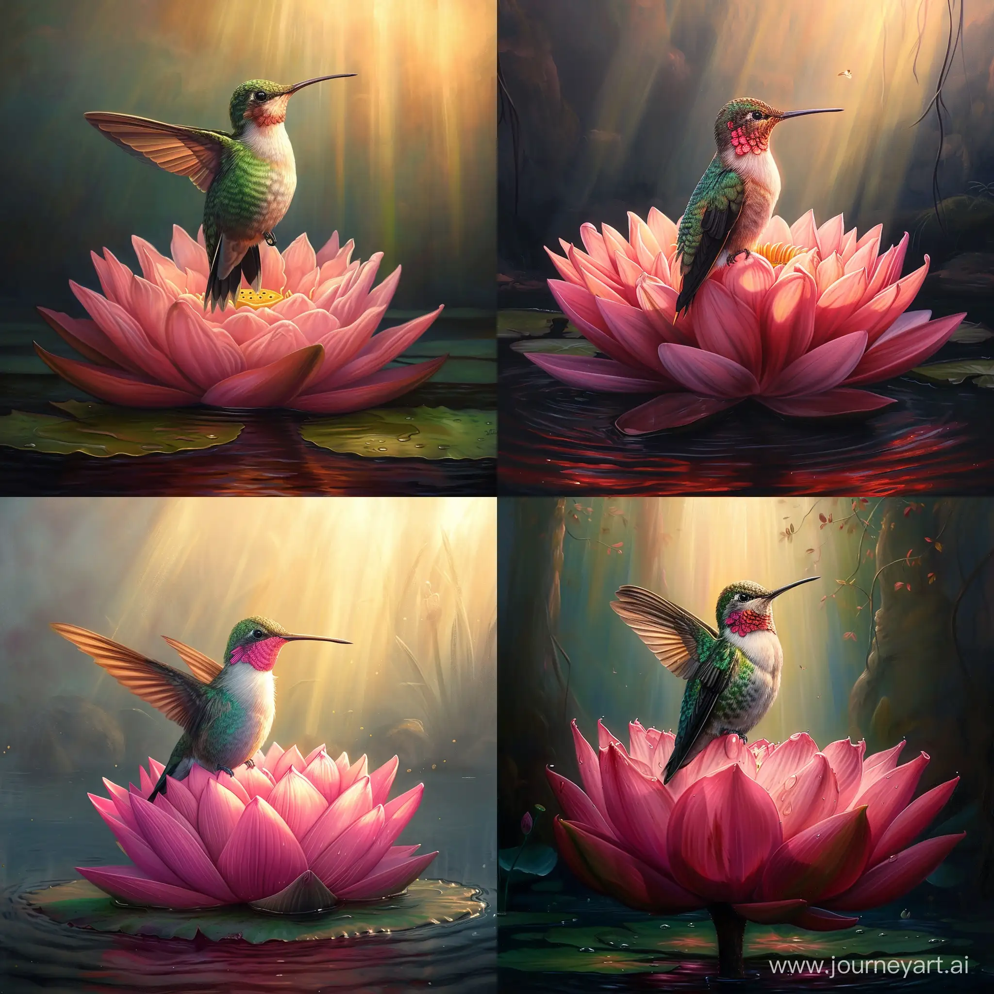 hummingbird sitting on a huge pink lotus in the middle of a pond, vibrant colours, highly detailed, serene atmosphere. Soft sunlight gracefully illuminates the subject's body and feathers, casting a dreamlike glow.