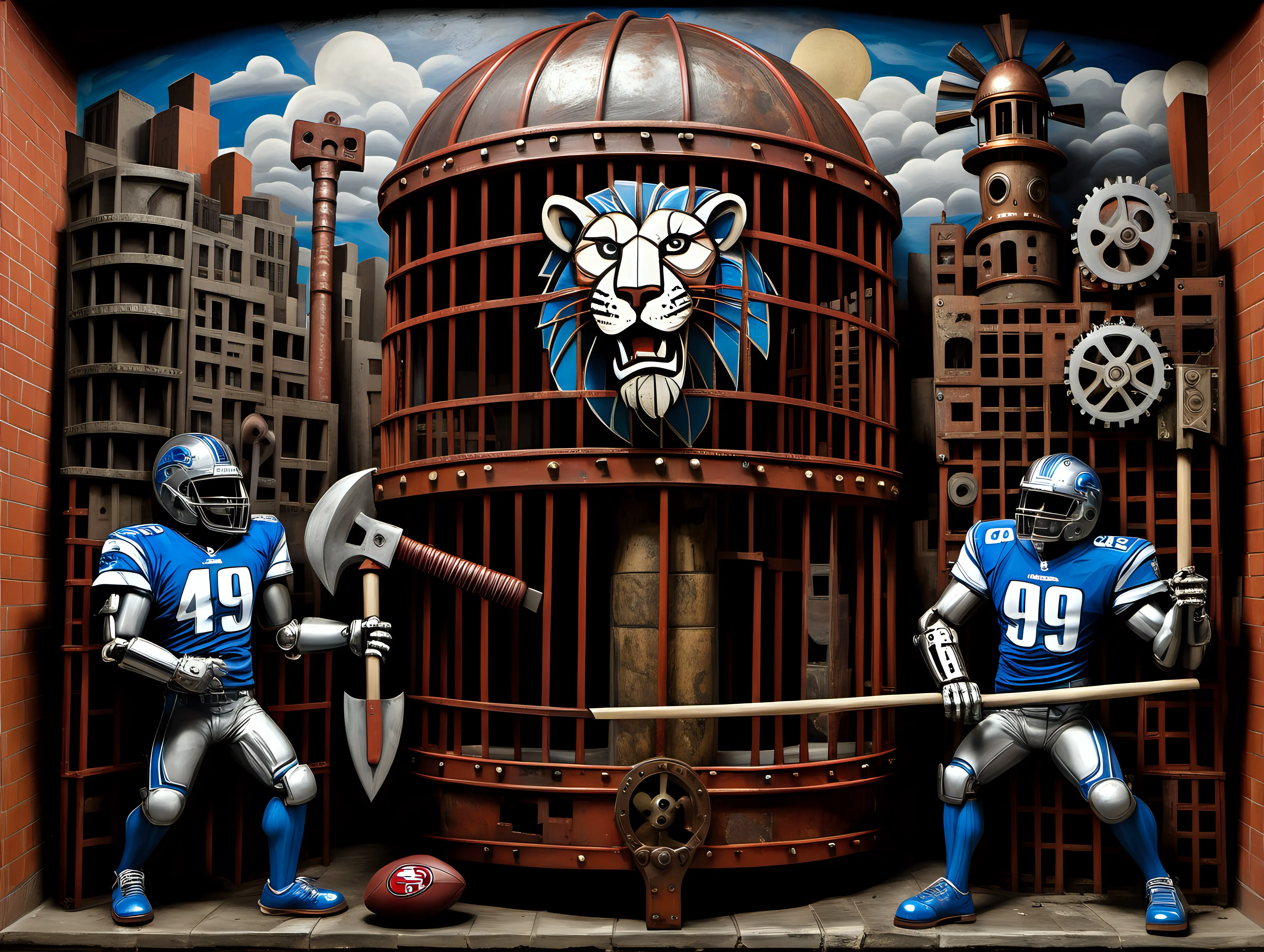 Detriot Lions caged by pick axe carrying San Francisco 49er in style of steampunk and mexican muralism by pablo picasso
