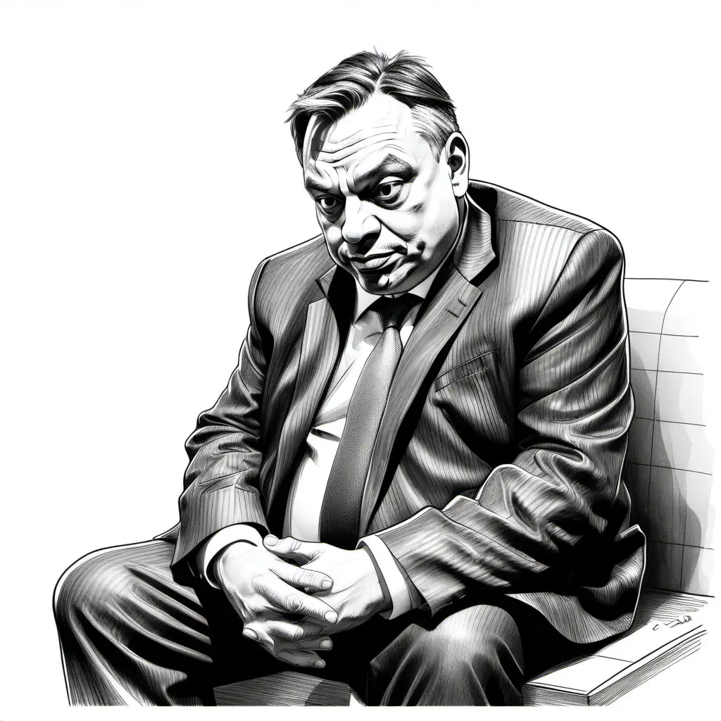 Monochrome hand sketched coarse illustration funny caricature of viktor orban sitting unwanted in a corner at the European Union summit, black and white hand rough drawing, white background