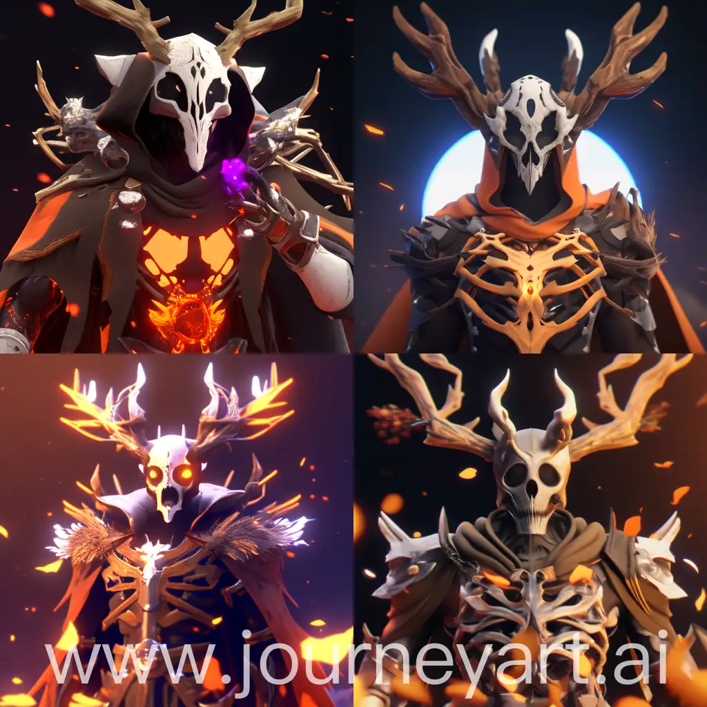 masterpiece, high poly, highly detailed, 4k, high resolution, scorcerer, runes, magic, skeletal, black deer skull, hollow eyes with small white pupil, torn robes, light armour, exposed chest, orange shard inside chest