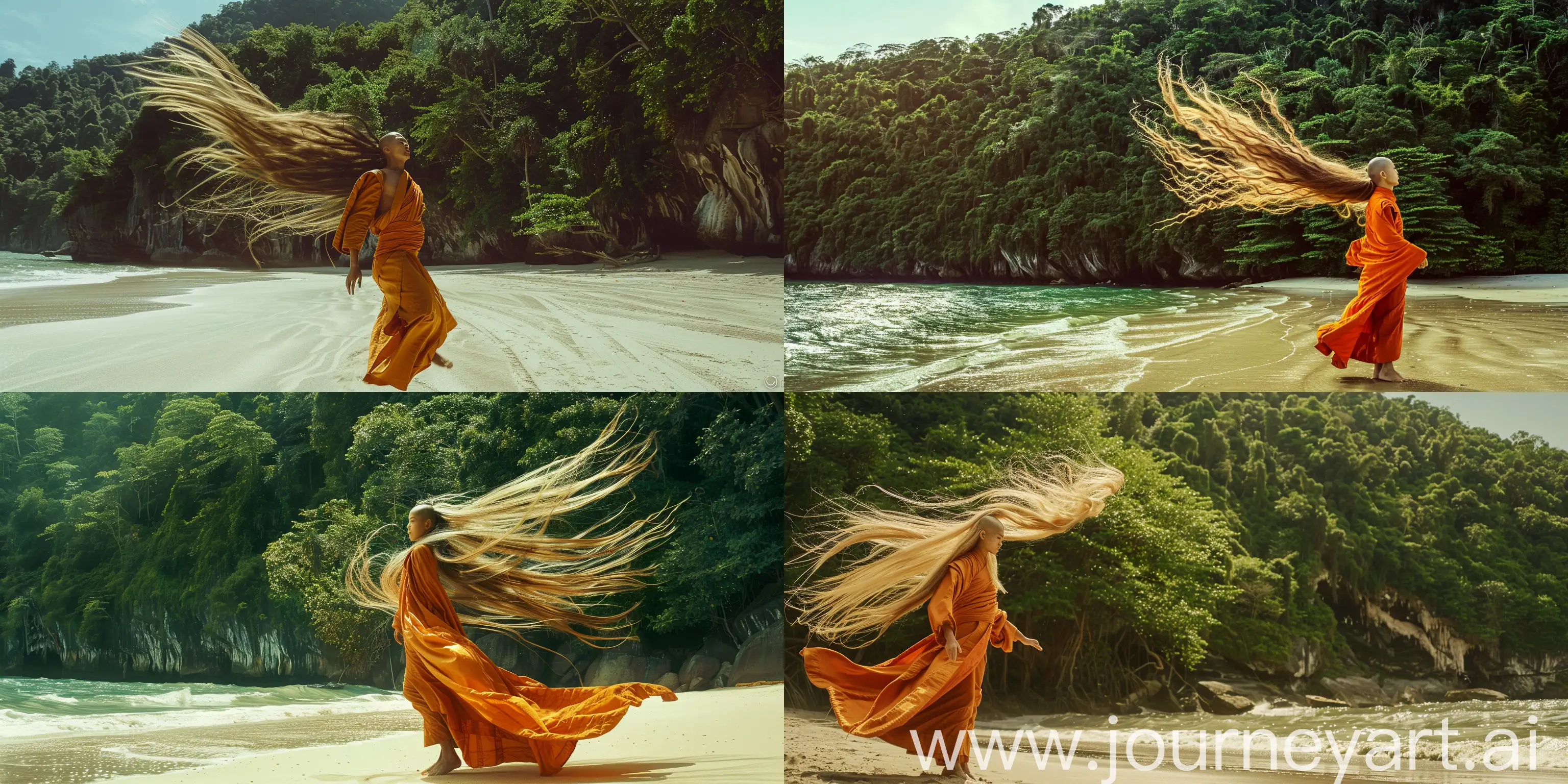 Image of a monk, long silky shiny hair flying in air. Standing on a beach, green dense forest behind, mystical island. Sharp resolution. Day light sunshine bouncing. Fashion photography. Beauty. --ar 2:1 --v 6