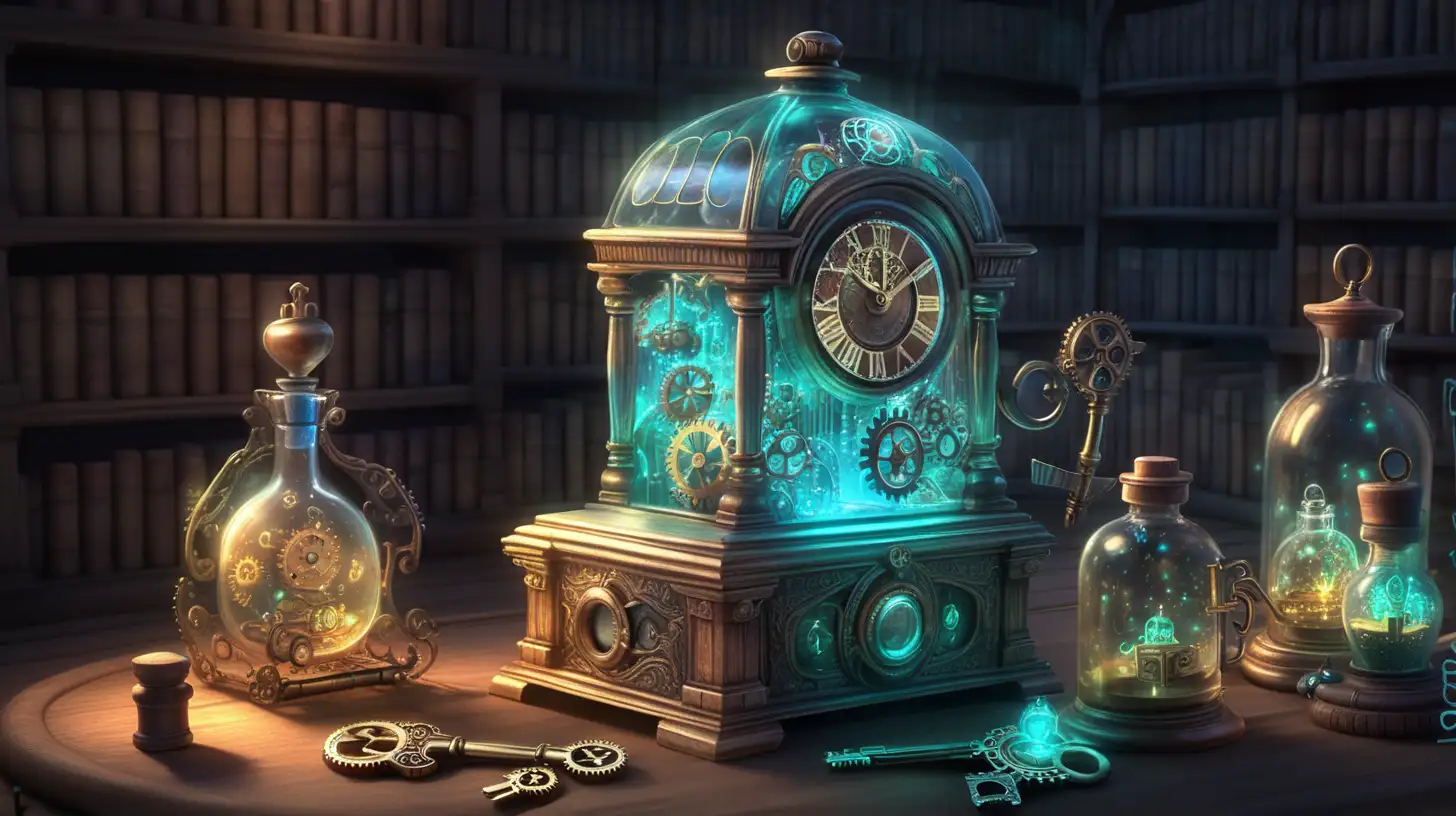 a box of glowing keys, fairytale, magical, library and glowing potions and inside the bottle are iridescent clock gear cogs 8K.