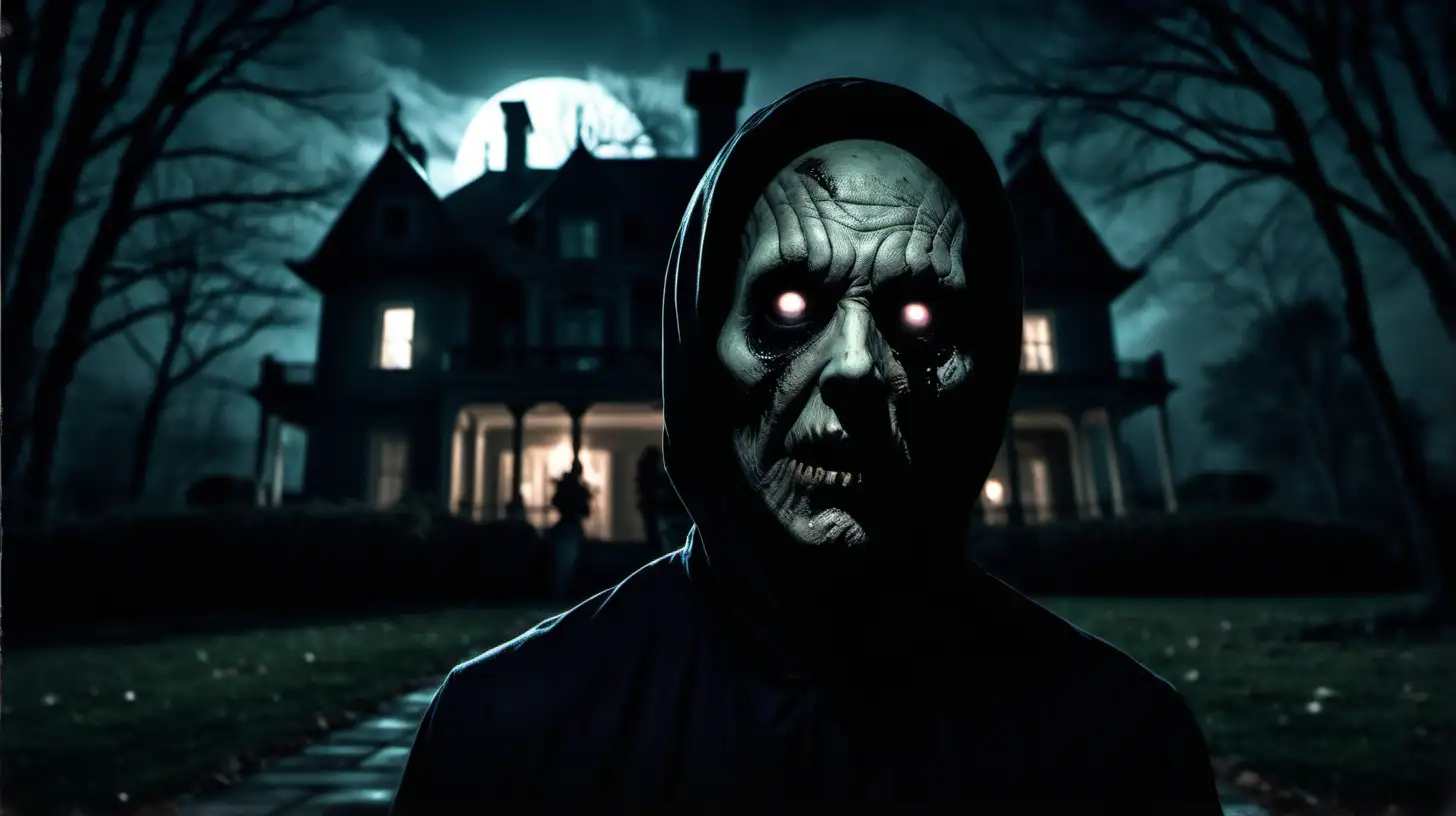 Menacing Horror Character at Night in Front of Mysterious Mansion