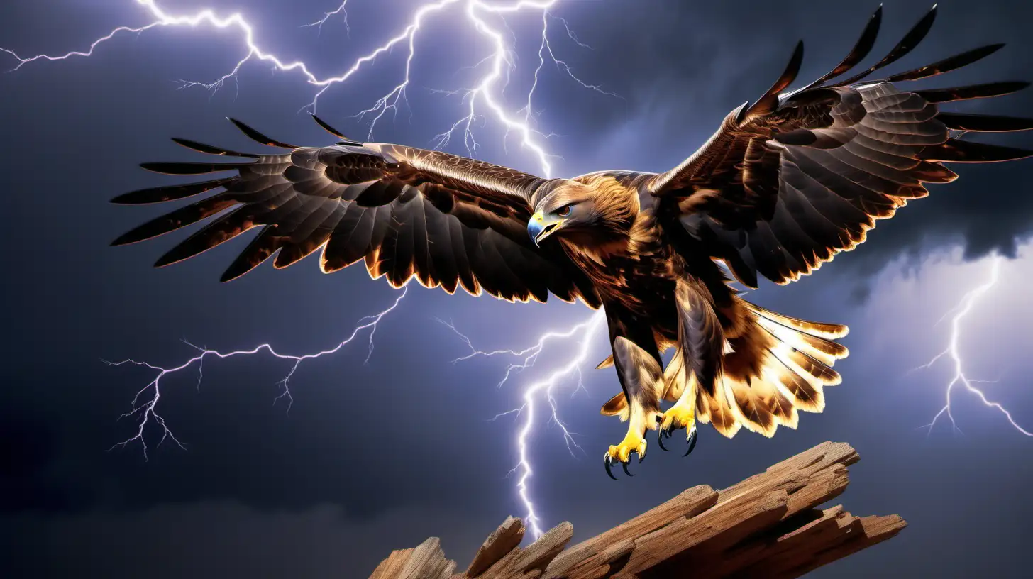 Create an imaginative and vivid image depicting a beautiful, golden eagle with its wings fanning out, claws extended fighting a giant bat. The eagles beak should be open, there should be a realistic and detailed lightning storm in the background. The overall atmosphere should convey a sense of wonder. UHD 