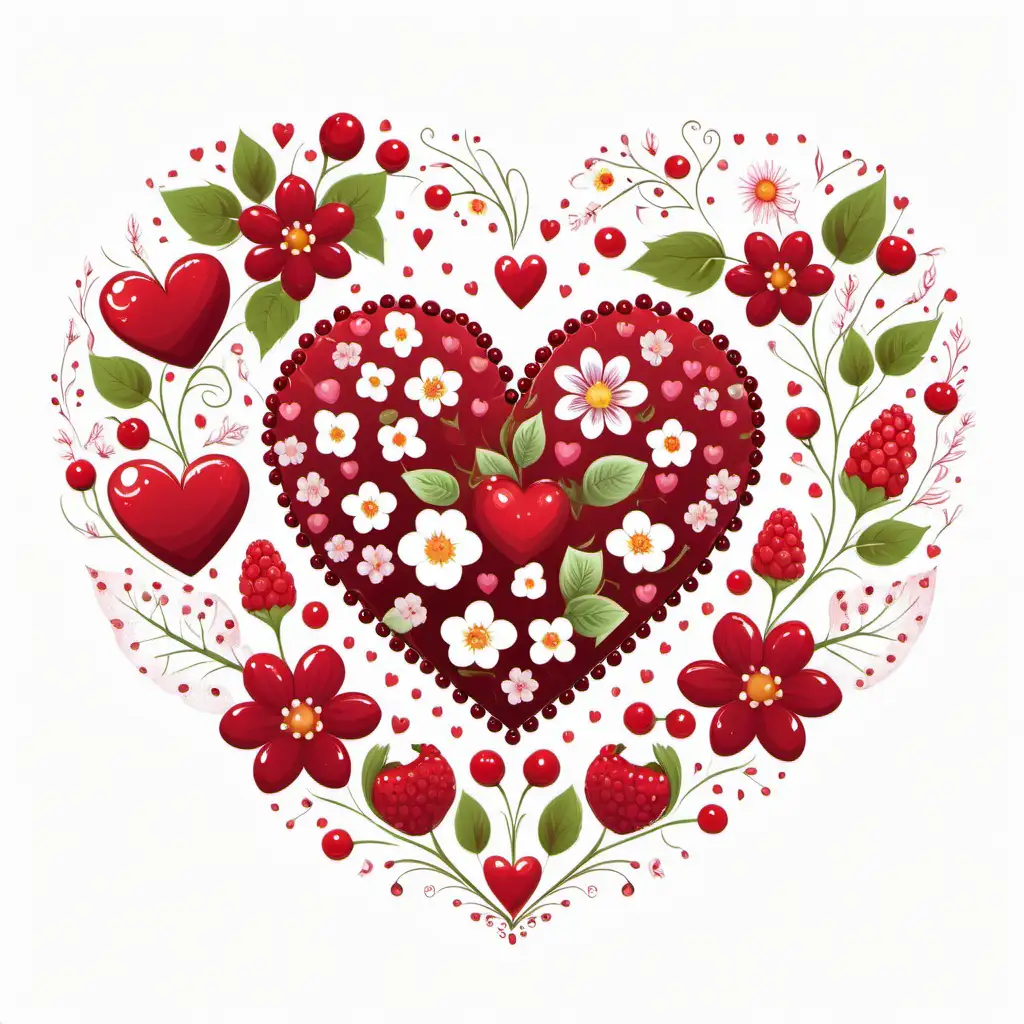 BERRY RED, fairytale style valentine HEART,flowers, vector, white 
background 