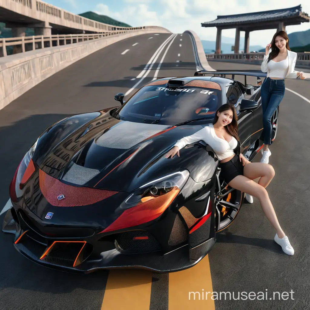 1girl, sitting on the car, hyper realistic, full HD, beautiful girls asian and a hansome man, full body slim, ((Best Quality, 8K, Masterpiece: 1.3)), 1girl, Slim Abs Beauty: 1.3, (Hairstyle Casual, Big Breasts: 1.2), Super Fine Face, very beautifull, smile face, detail, Delicate Eyes, Double Eyelids, young girl, white skin, korean artist, standing, (skin glow:1.3),  white skin, (huge breasts), The Most Beautiful Women in Korea, beautiful bridge, panties, detail body, super realistic HD 100% beauty girl.