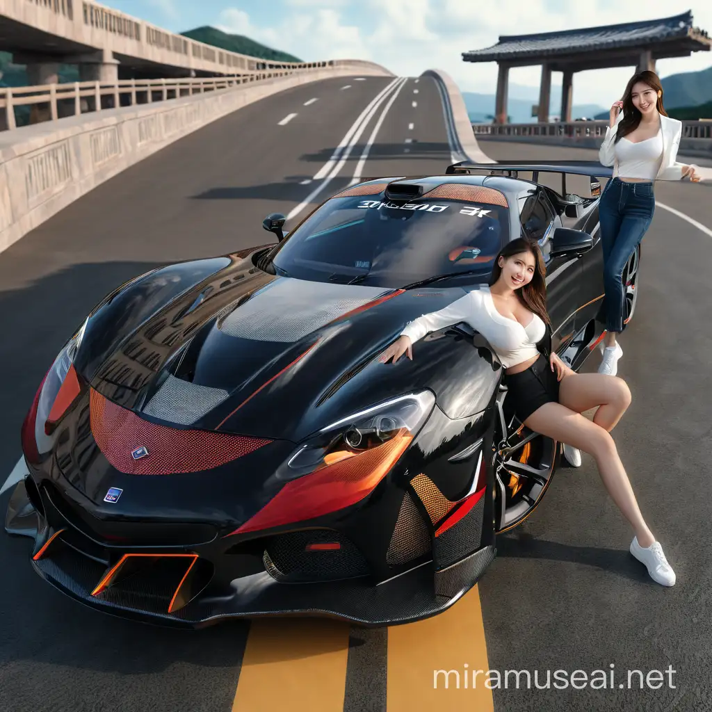 Young Korean Woman with Radiant Skin Sitting on a Car