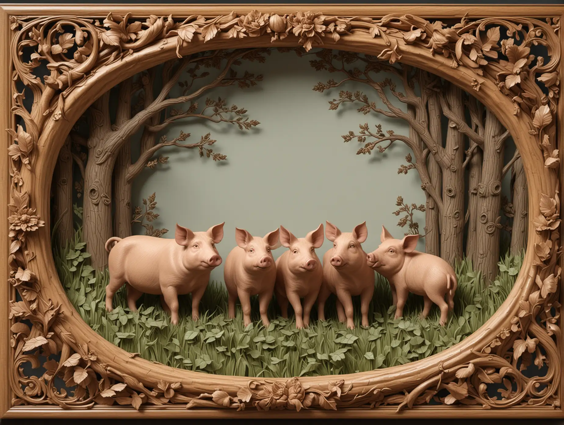 3d and tilable wood lacquer frame surround, featuring a finely carved wooden scene from The Three Little Pigs in the style of Aubrey beardsley