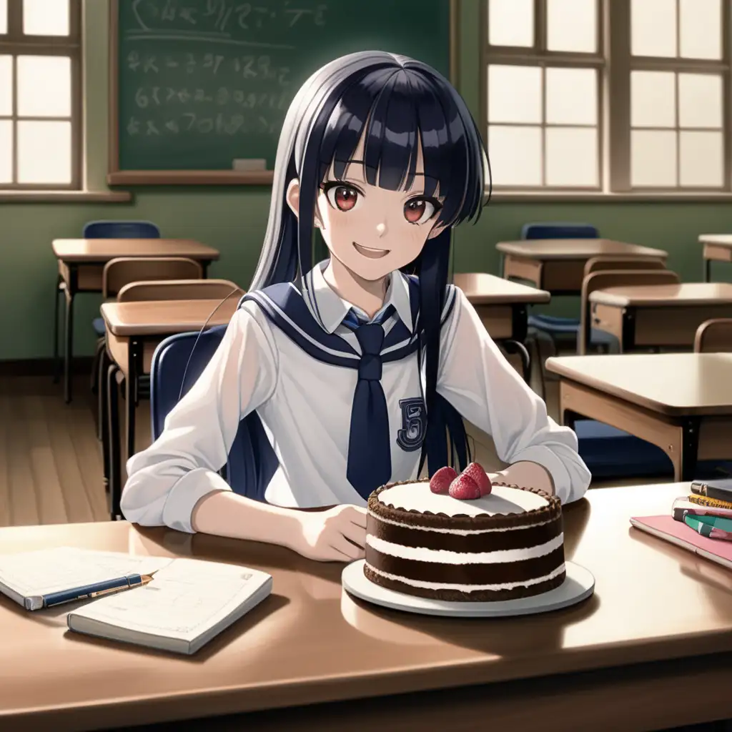 Style: Anime
Here's the scene description broken down into short sentences:

Subject: School girl with malicious grin sitting at a classroom desk staring at a large slice of cake that is shaped like a brunette woman's head. The classroom is empty. Face: Glinting eyes with mischief and anticipation, straight and small nose slightly upturned with hint of arrogance, lips curved into sinister grin revealing perfect yet unsettlingly sharp teeth, neatly styled hair framing face in dark locks with hint of menace, pale and flawless complexion contrasting sharply with darkness in eyes. Body: Petite and slender with deceptive air of innocence, graceful and poised build with hidden strength beneath surface, lithe and elegant shape exuding aura of danger, perfectly balanced proportions with every movement calculated for maximum impact, flat and toned belly betraying no hint of indulgence, pert and well-defined butt adding to allure and mystique, slim and toned thighs hinting at disciplined nature. Clothing: School uniform meticulously pressed and tailored to fit perfectly, crisp white blouse and navy blue skirt adding to aura of innocence, no visible accessories everything lost to ravages of time and decay. Composition: School girl sits at desk only source of light in dimly lit room, gaze fixed on slice of cake before her glint of mischief dancing in eyes. Lighting: Soft filtered light casting gentle shadows across scene highlighting girl's features and slice of cake on desk, warm glow adding to sense of intimacy and secrecy. Color: Muted and subdued colors with whites of uniform and darkness of hair contrasting with rich colors of cake, overall effect enticing and unsettling hinting at darker desires lurking beneath surface.