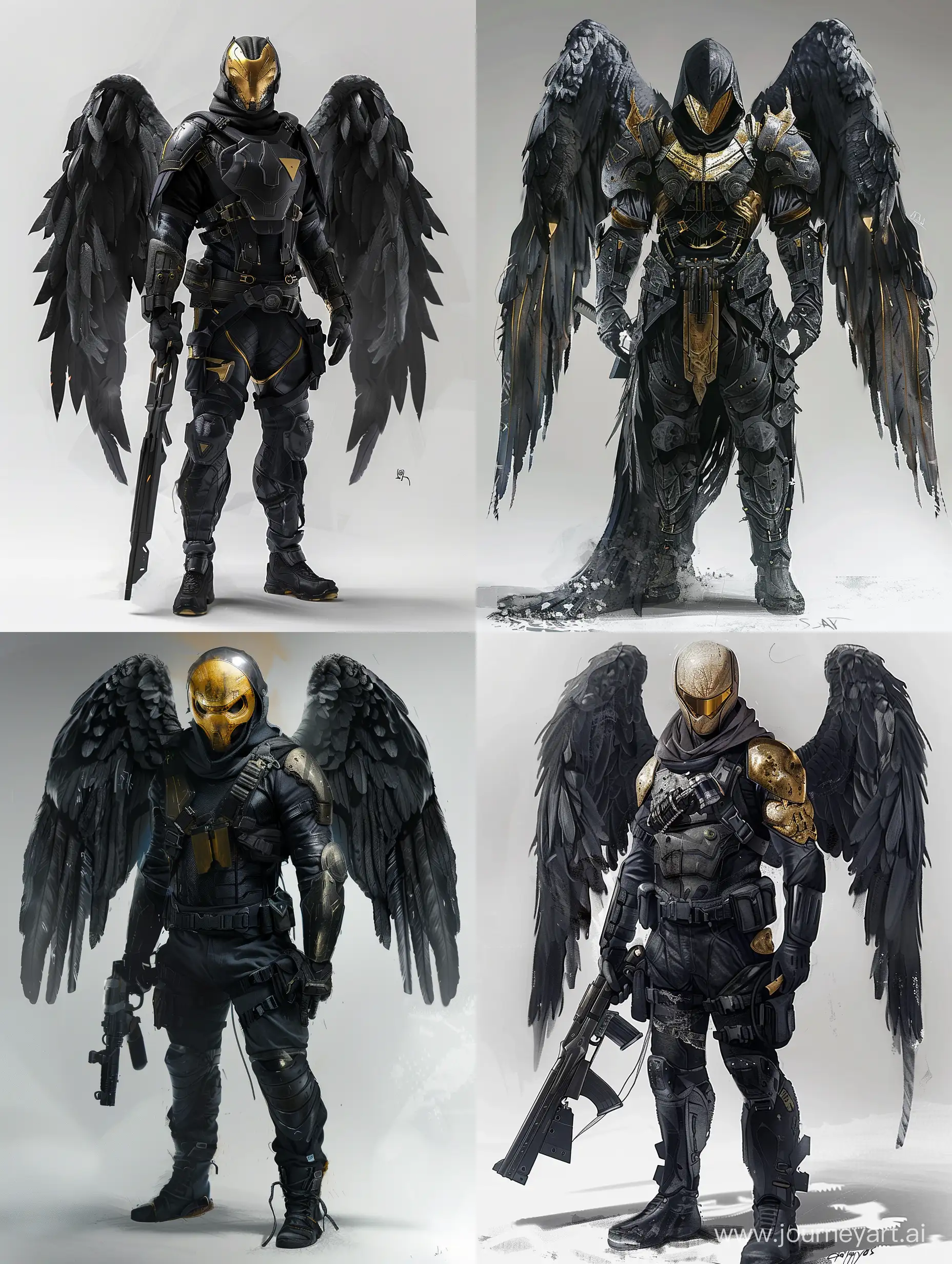 concept art, sci - fi male hunter full body character concept, dark angel, black wings, gold mask, epic pose , insane detail