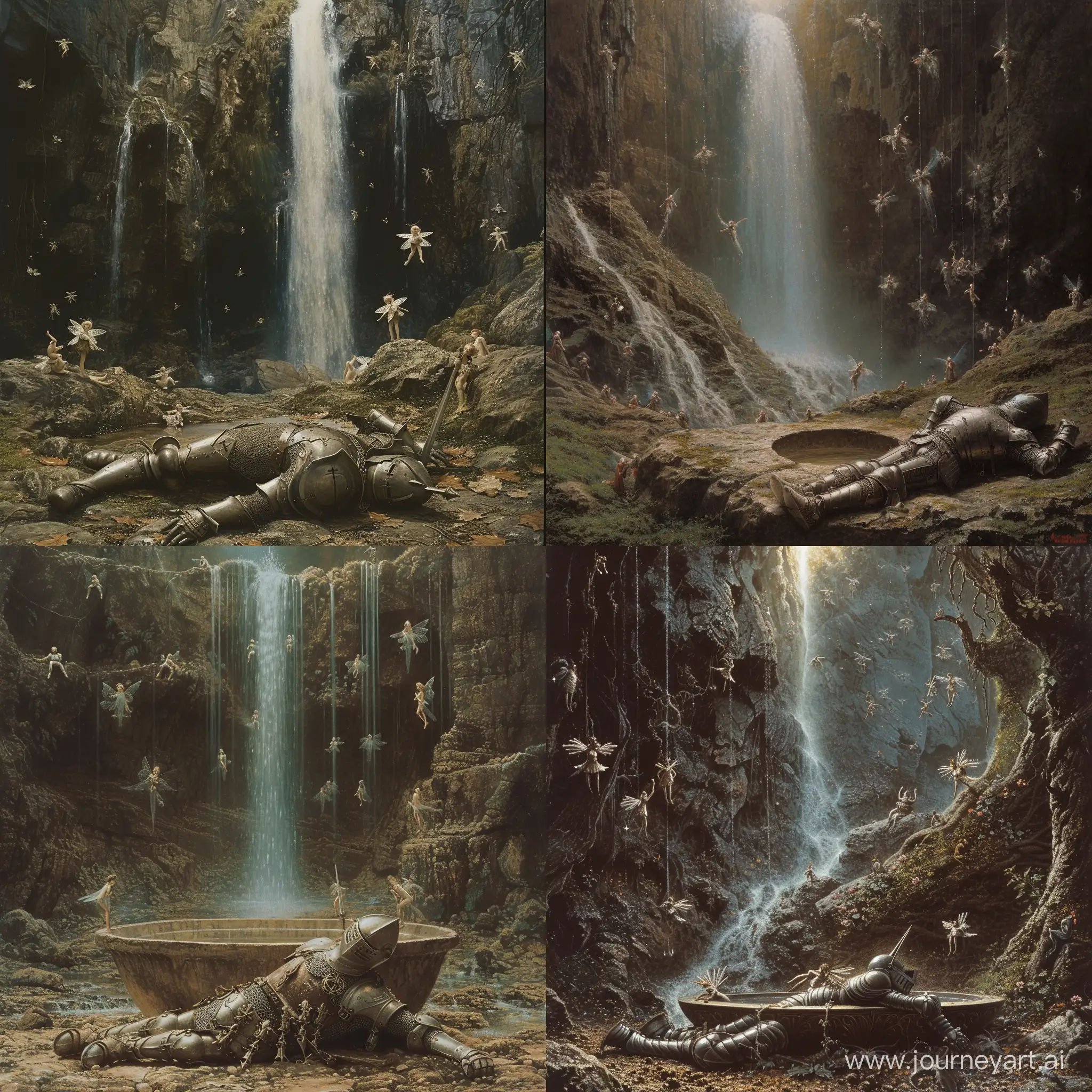 a knight lying, taking its last breath in a  A hidden basin at the base of a majestic waterfall, little fairies everywhere, daylight ,1970's dark fantasy style, gritty, dark, vintage, detailed