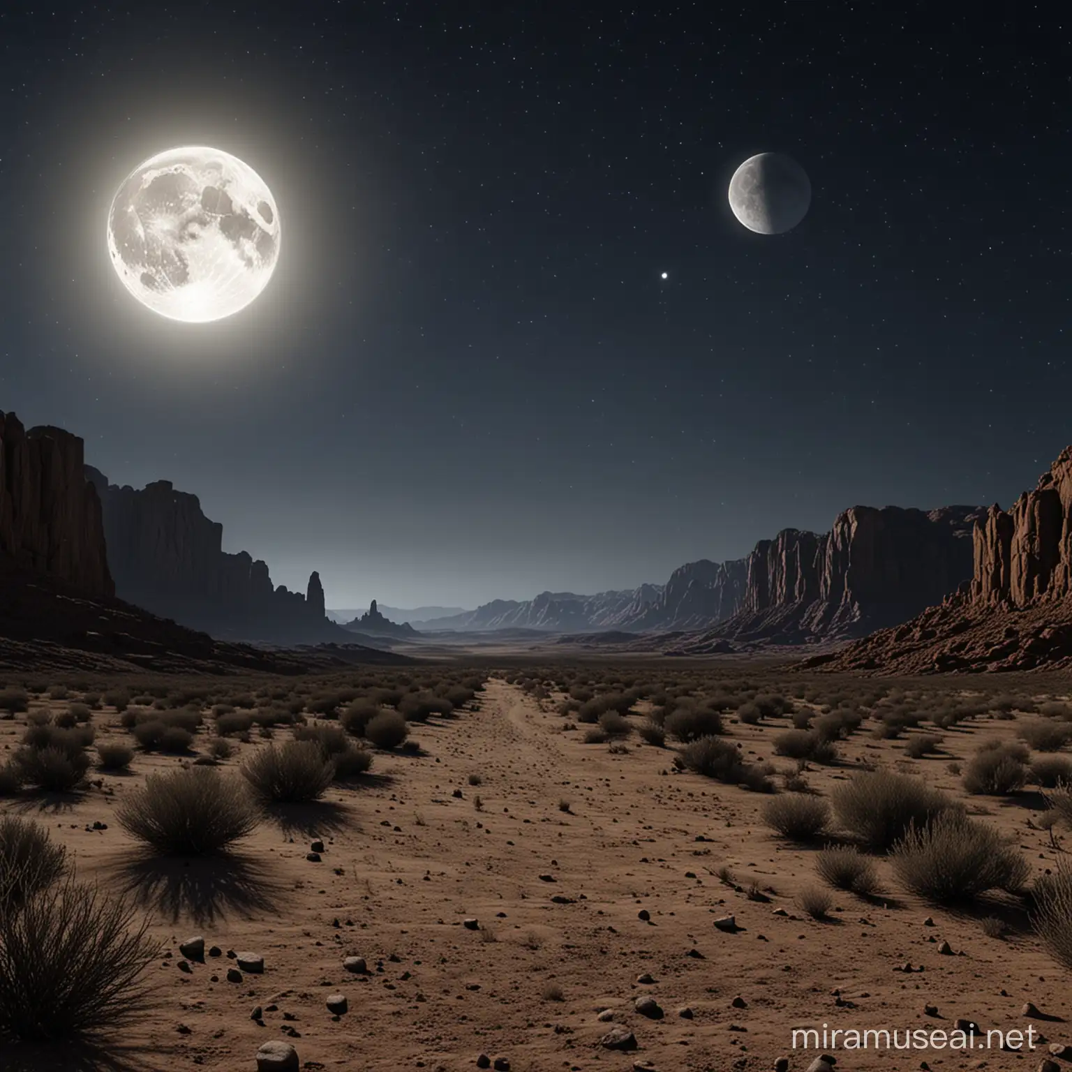 full moon; in a desert landscape on a clear night; HD visuals; realistic