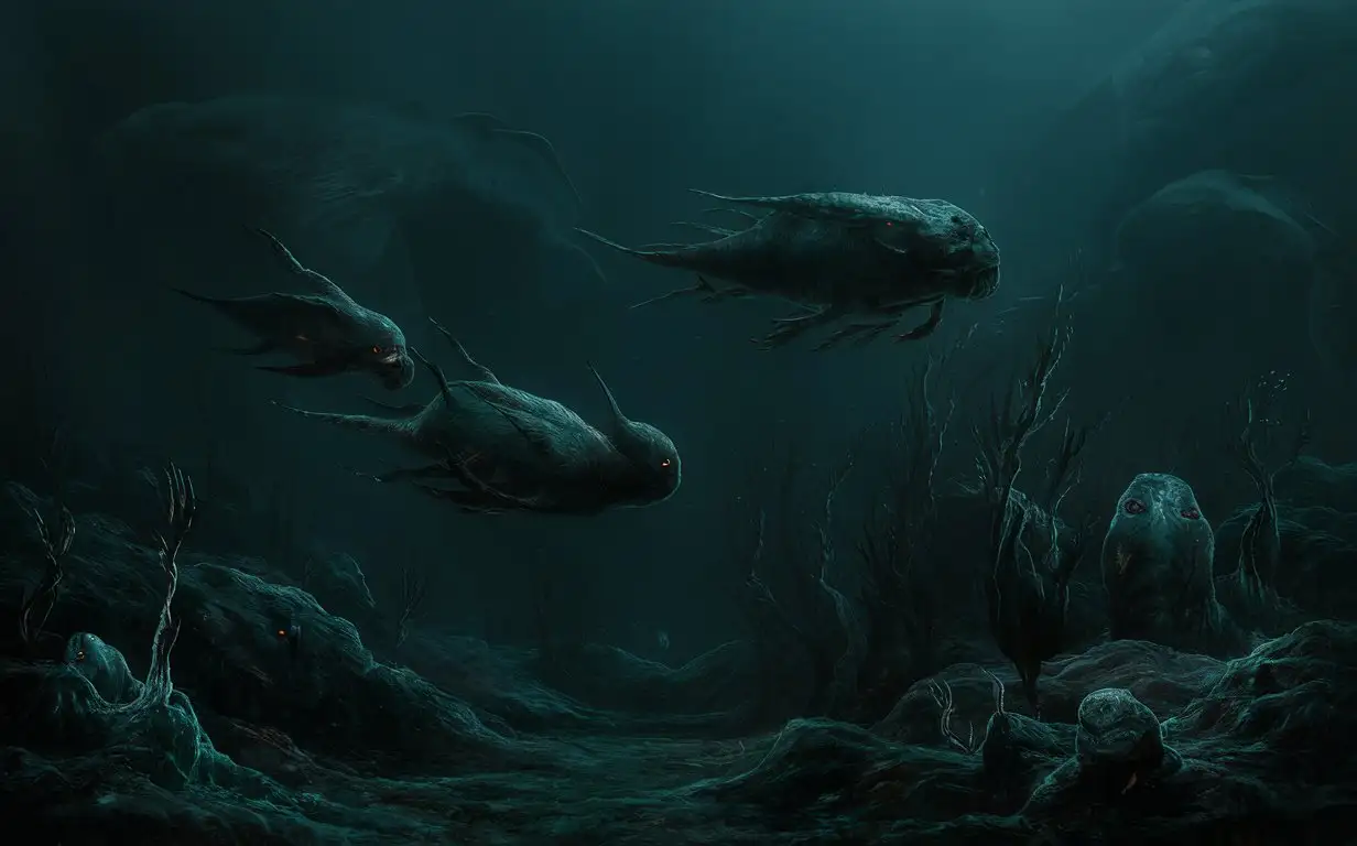Enigmatic Deep Sea Abyss with Strange Creatures and Dark Shadows