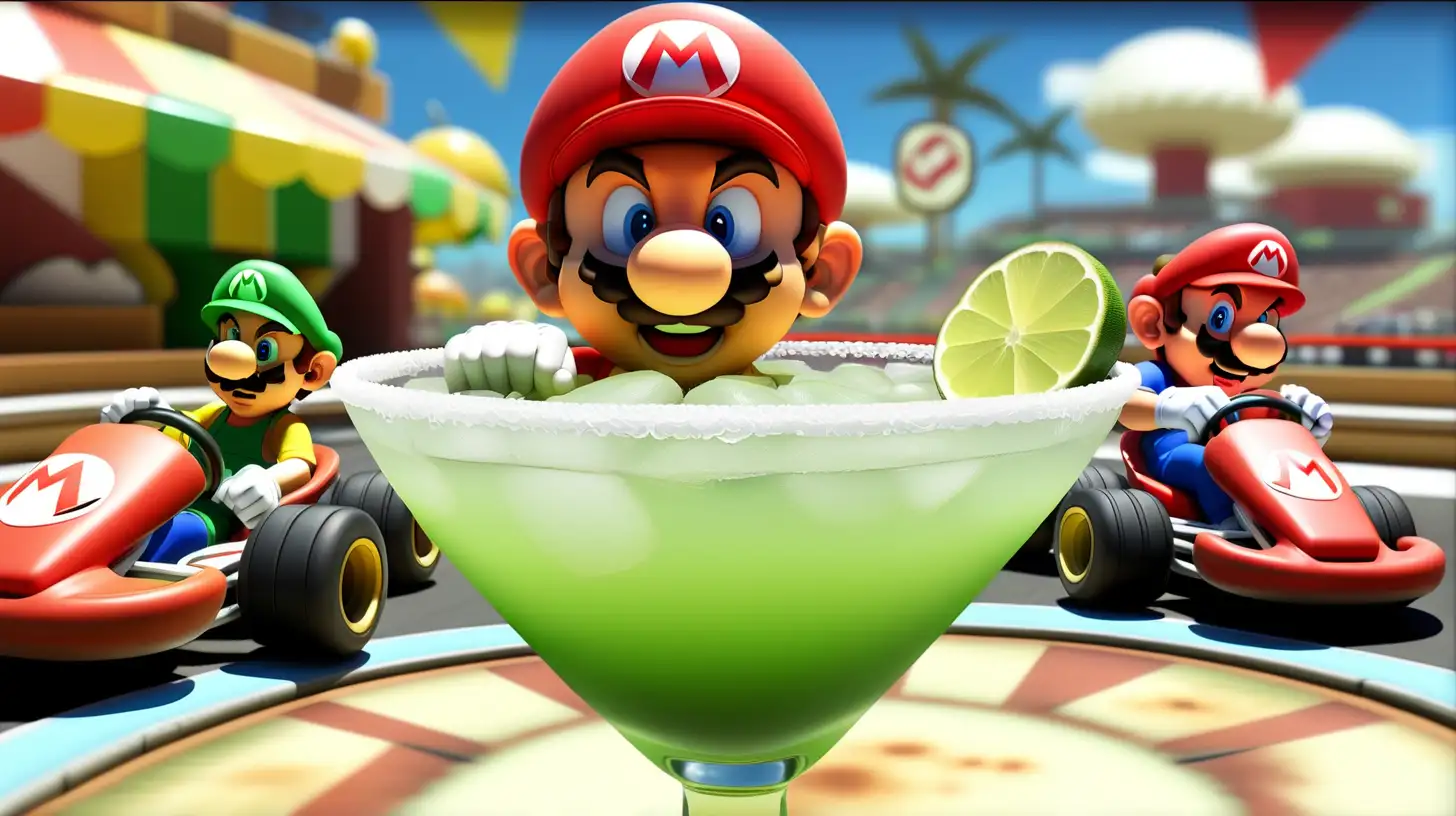 A Mario Kart scene where the race course is inside a margarita glass