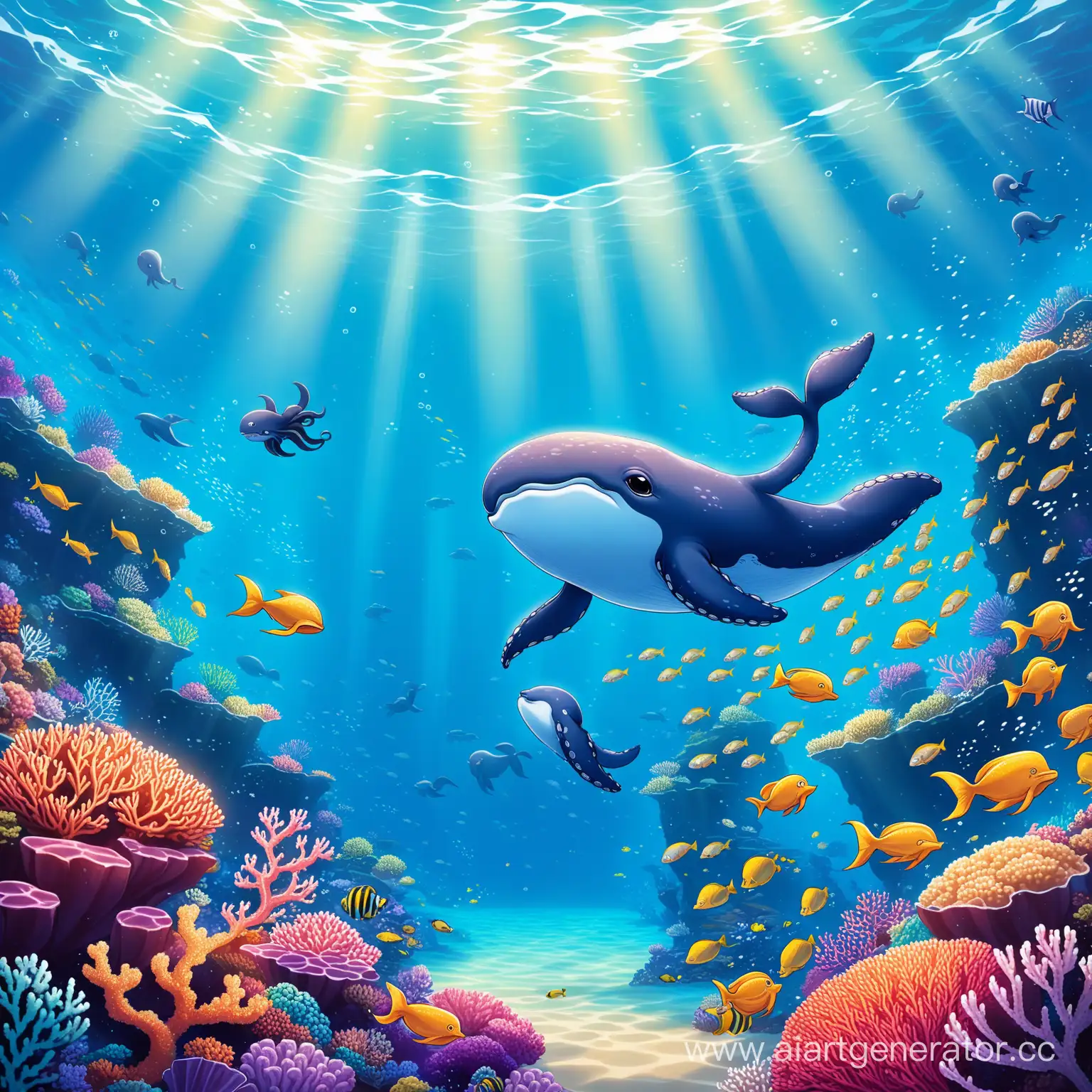 Маленький кит разговаривает с осьминогом в большом океане под водой рядом с корраловым рифом, а вокруг плавают рыбы