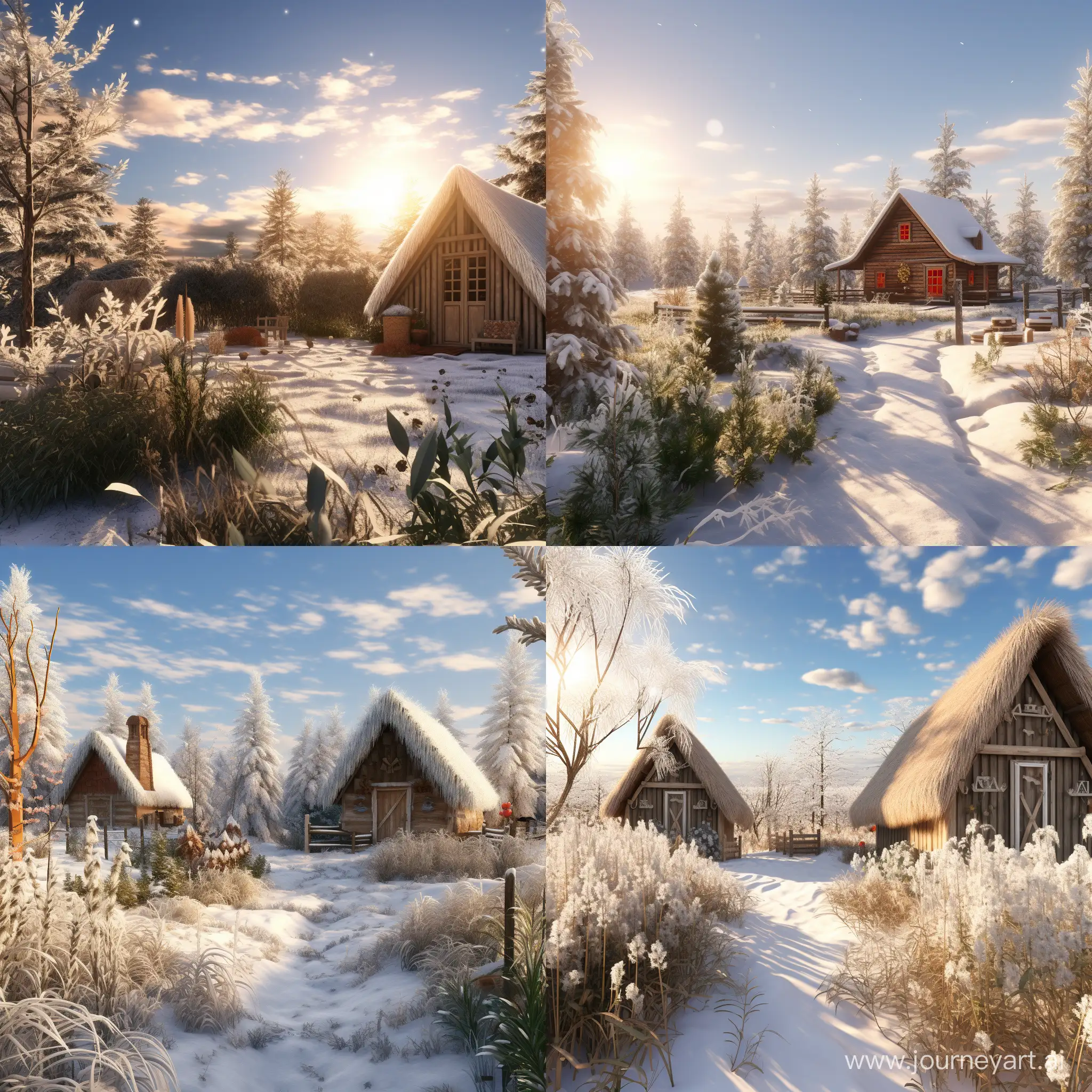 Enchanting-Winter-Scene-Snowy-Pine-Forest-Thatched-Hut-and-Christmas-Sparkle