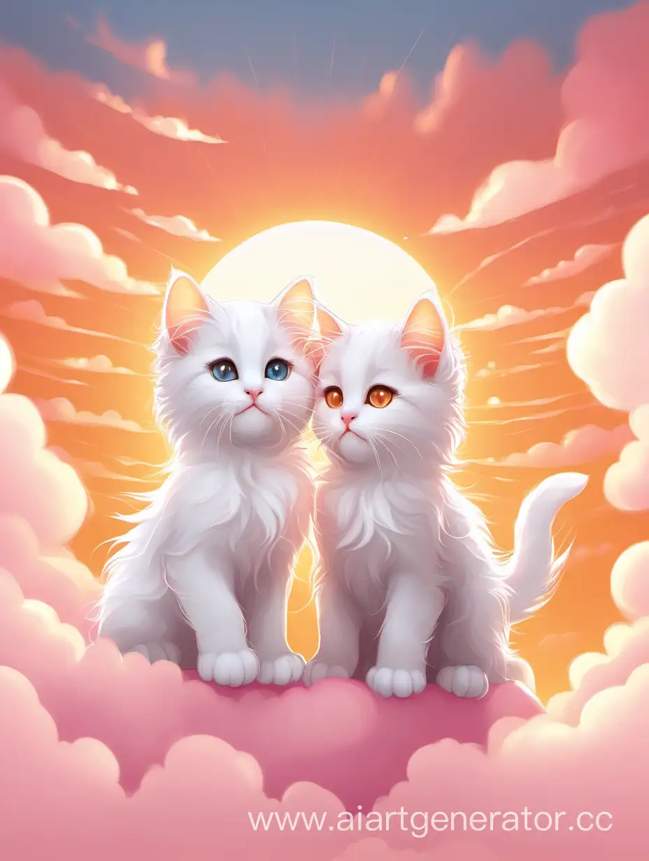 Два котёнка белых пушистые как облако , рассвет оранжевый розовый