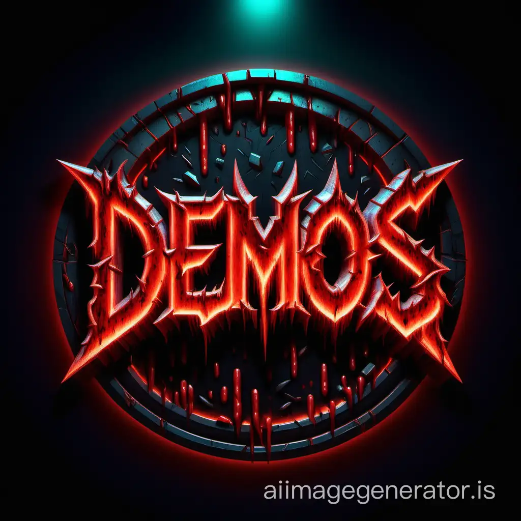 The logo of Demos in a circle in the style of the Doom game letters in blood. neon light