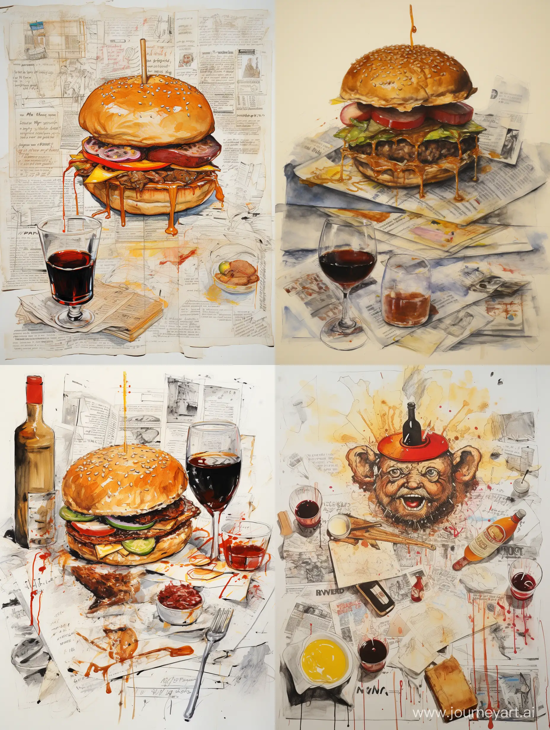 burger, fries on a side, ketchup and mustard smeared stains, cigarette butts, smoke,  square glass of whiskey with ice, everything rests on pages of manuscript, view from directly above, no background, ralph steadman's style