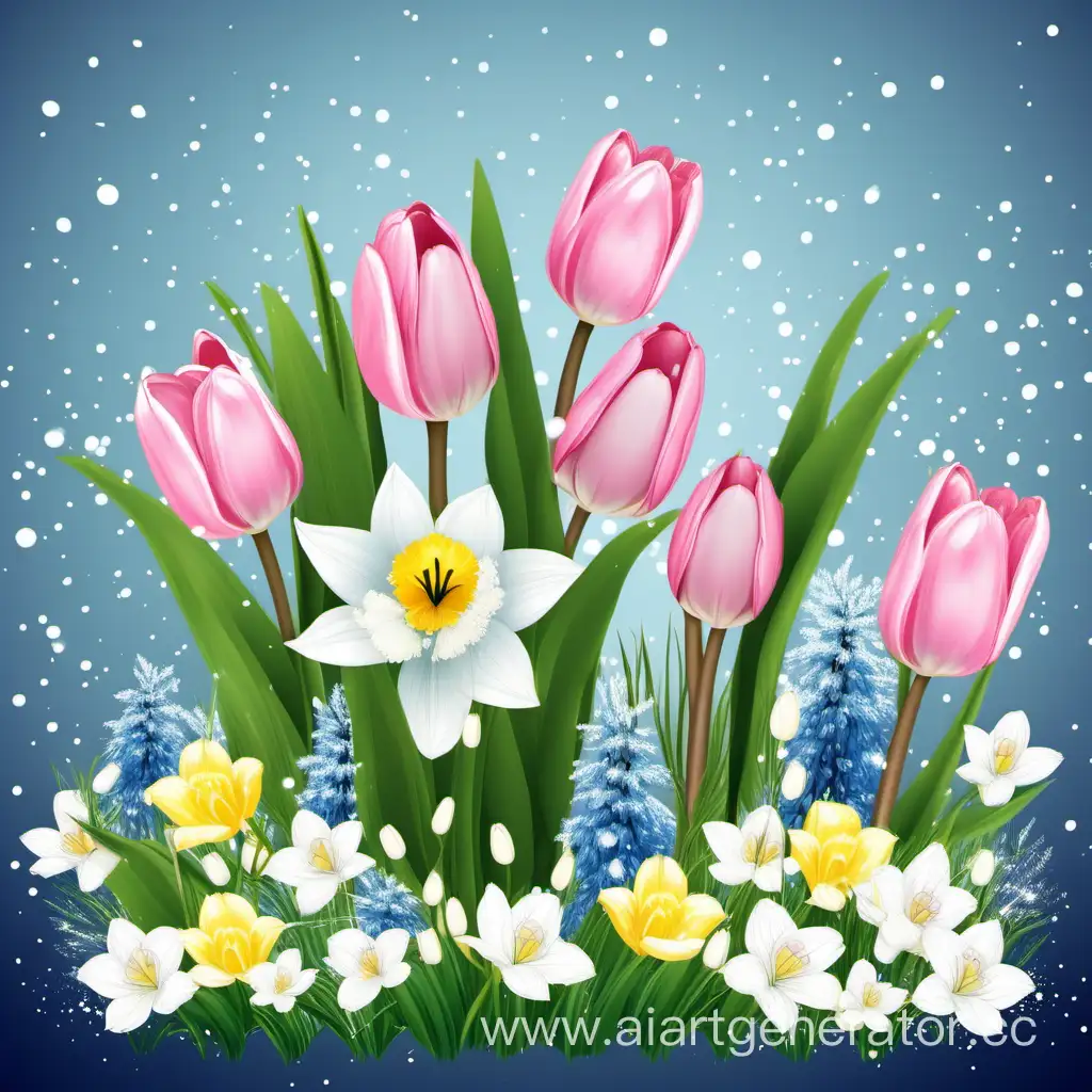 весенняя красивая картинка с цветами  весна тюльпаны подснежники мимоза векторная графика без снега, нарциссы розово голубой 


