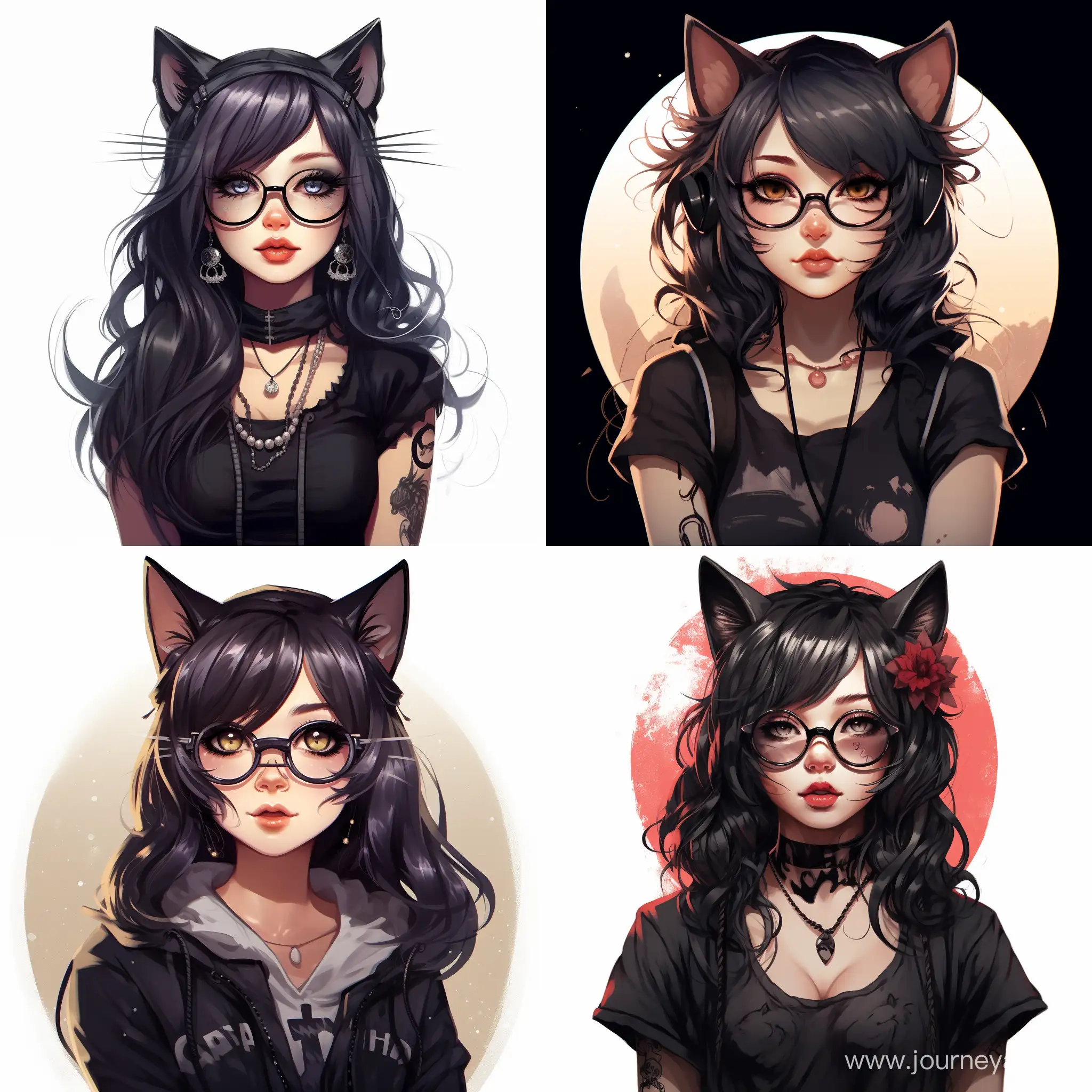 an anime style girl with cat ears, wearing glasses, black hair, tatoo, goth style